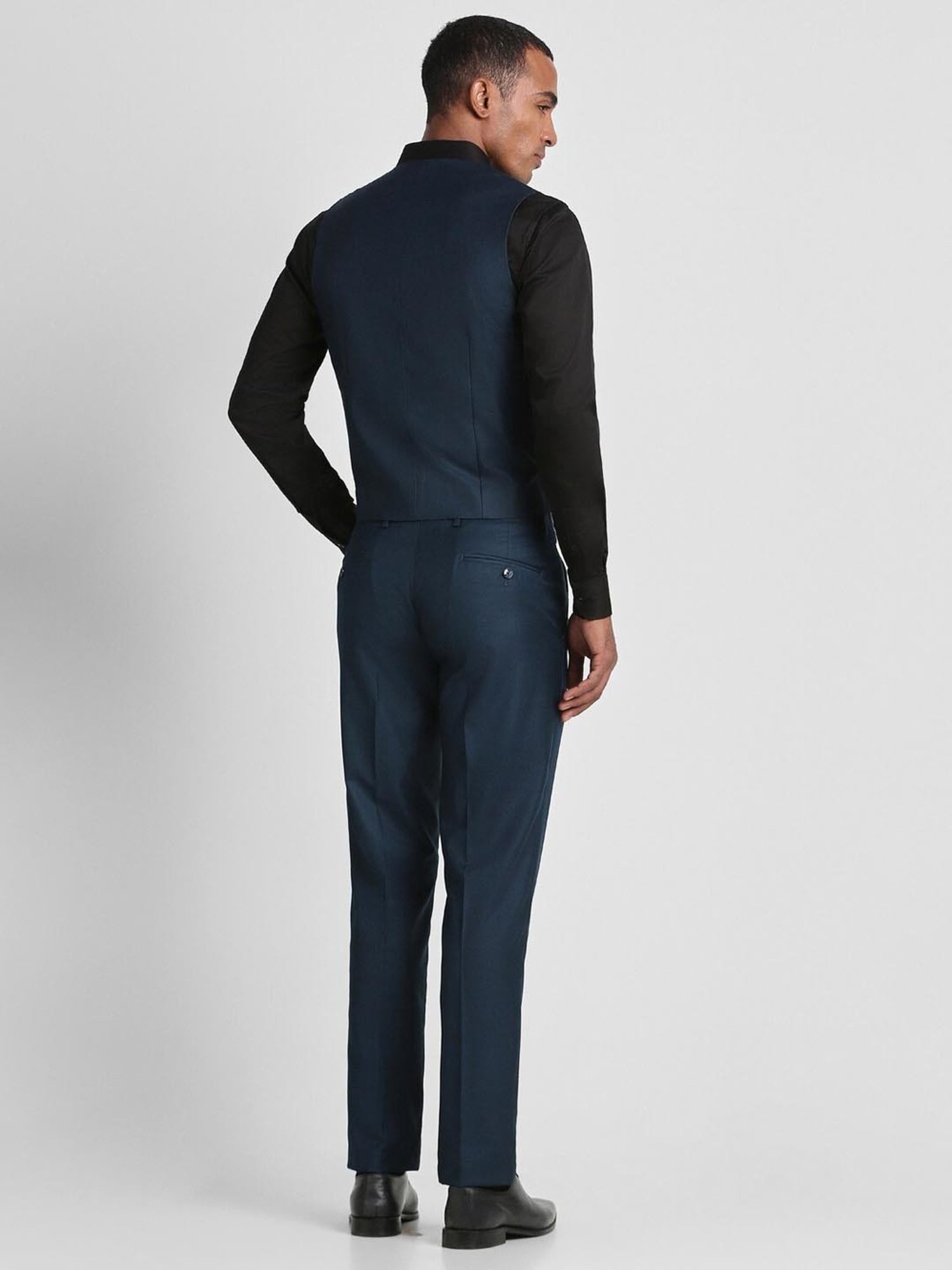 Peter England Elite Navy Slim Fit Printed Three Piece Suit