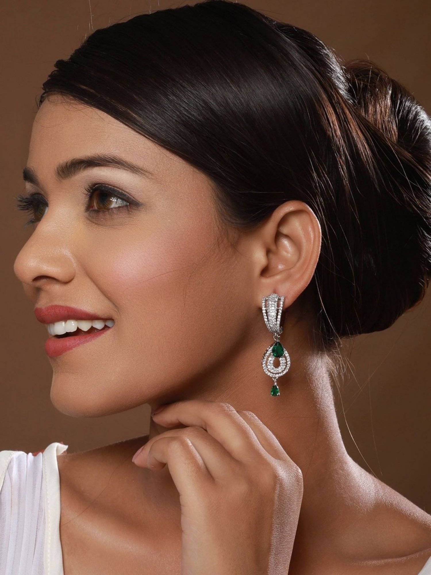 Aatmana Green & White Rhodium-Plated AD Studded Teardrop Earrings for Women