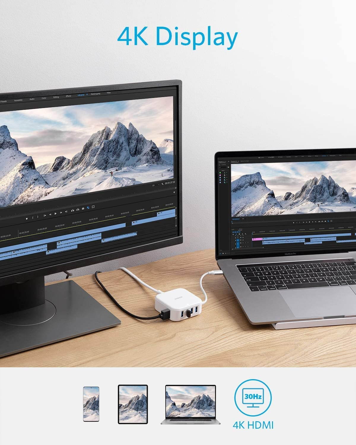 Anker USB C HDMI Hub with AC Adapter, PowerPort 5-in-1 37.5W Charger, with 4K HDMI, 30W Power Delivery, 4 USB 3.0 Ports, Compatible with iPhone, iPad, MacBook, Galaxy, Note, and More