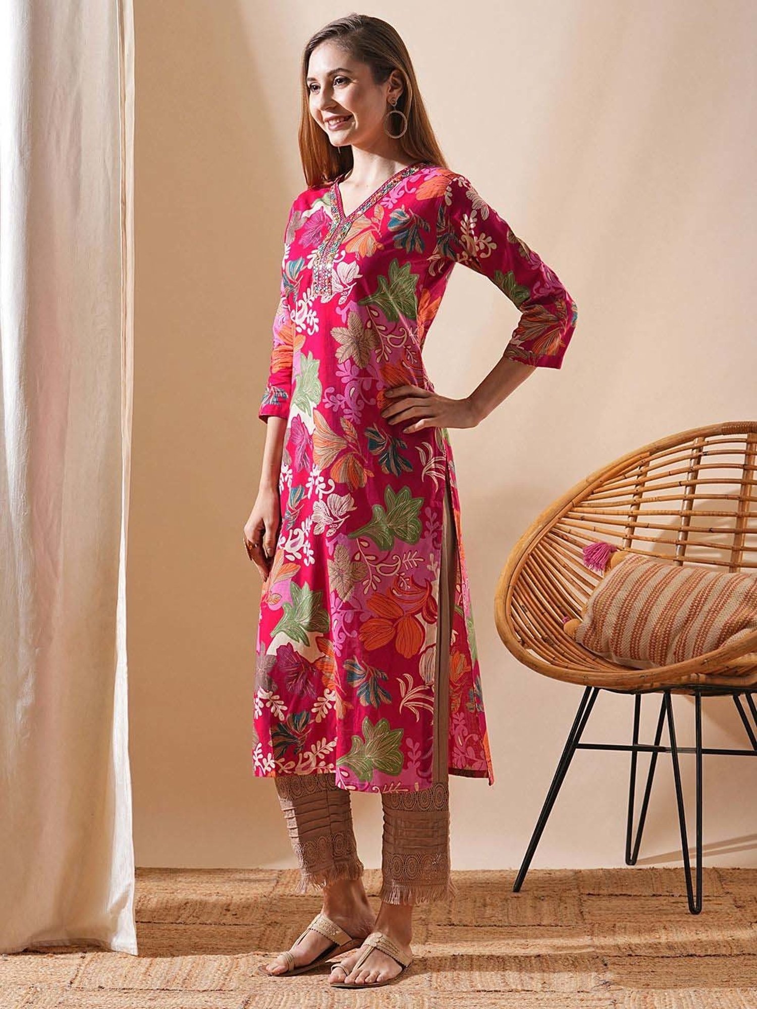 Fashor Pink Cotton Printed Straight Kurta