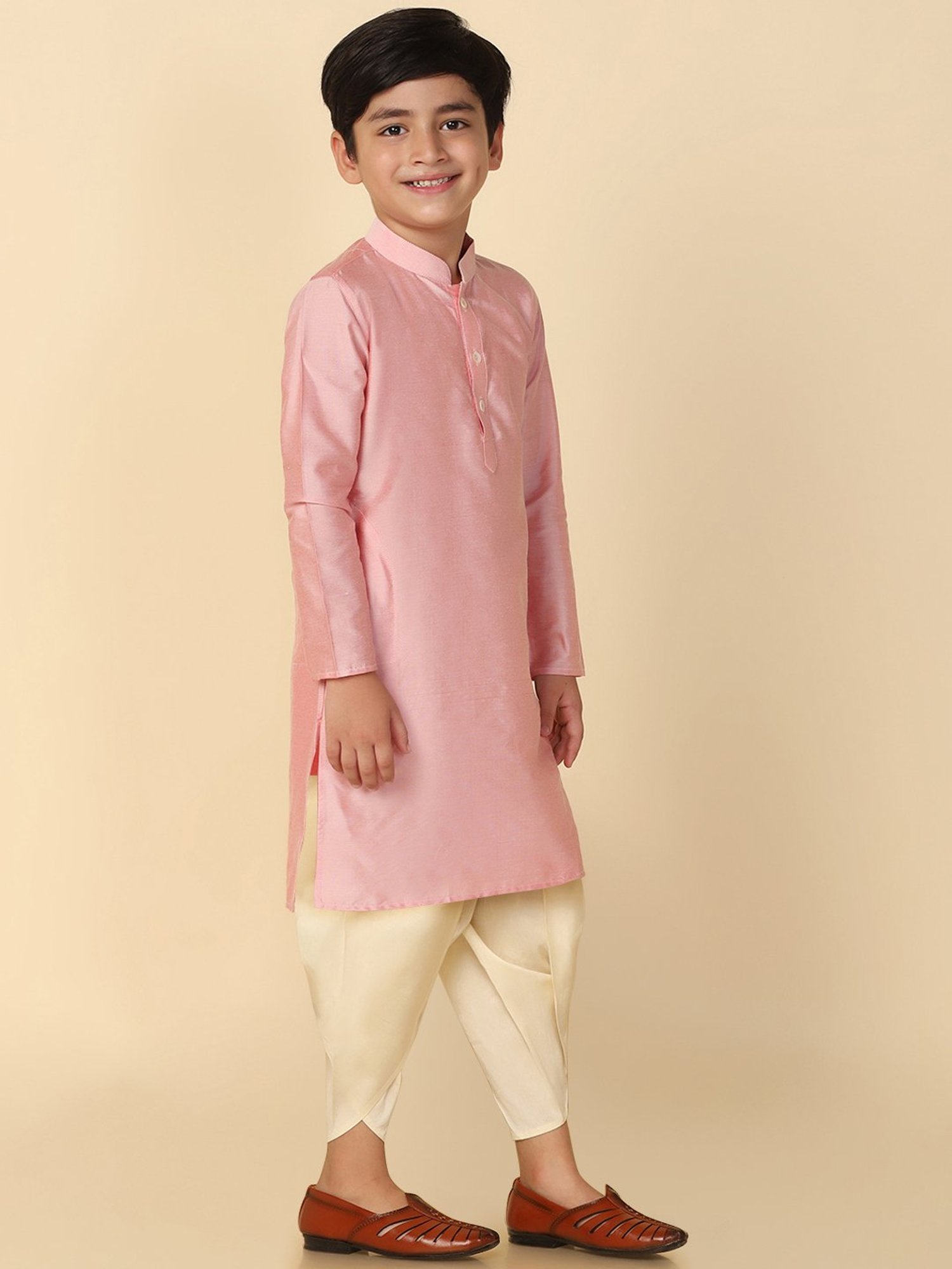 KISAH Kids Pink & Cream Solid Full Sleeves Kurta with Dhoti
