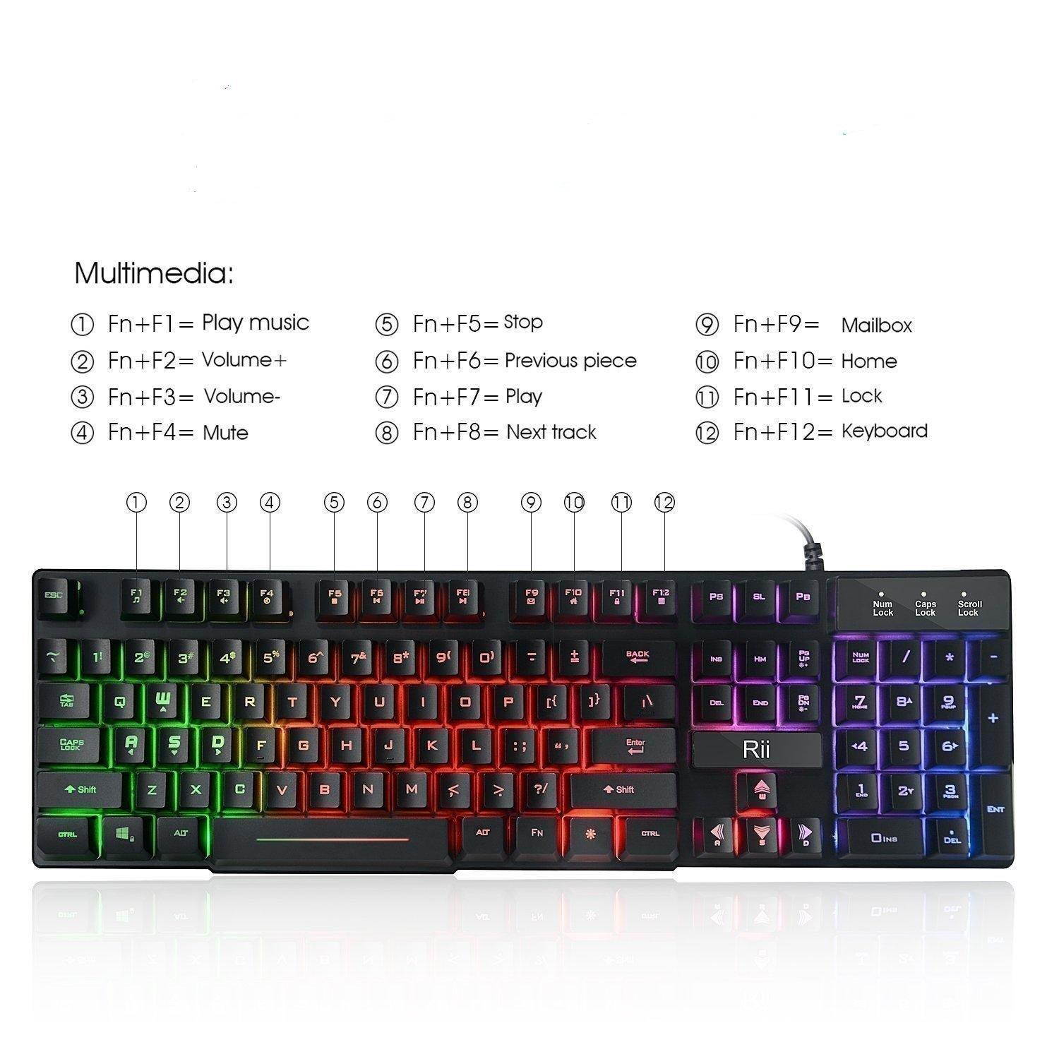 Rii RK100+ Multiple Color Rainbow LED Backlit Large Size USB Wired Mechanical Feeling Multimedia Gaming Keyboard