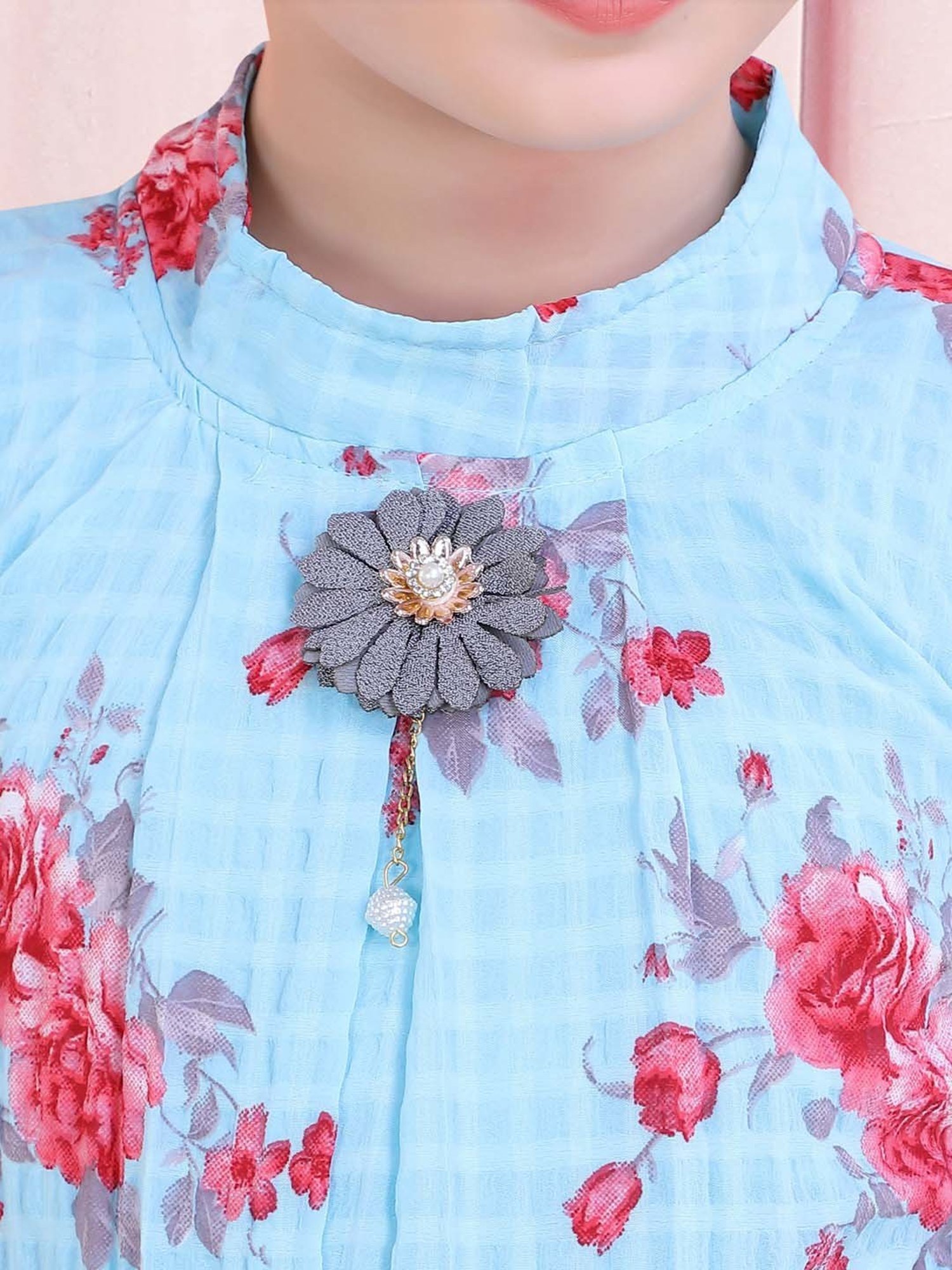 poplins Kids Blue & Grey Cotton Floral Print Top Set