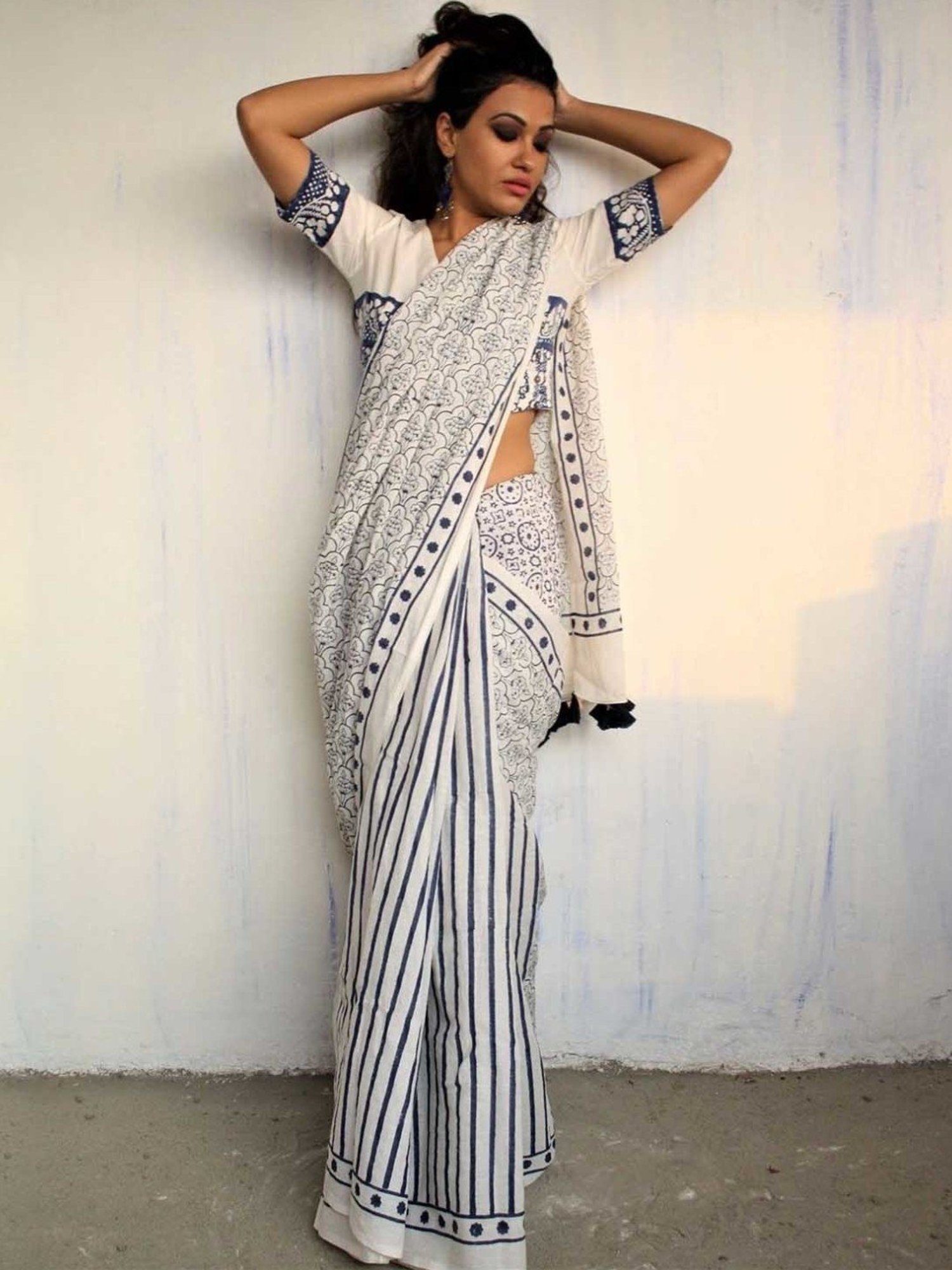 Chidiyaa Ivory & Blue Block Printed Cotton Mul Saree