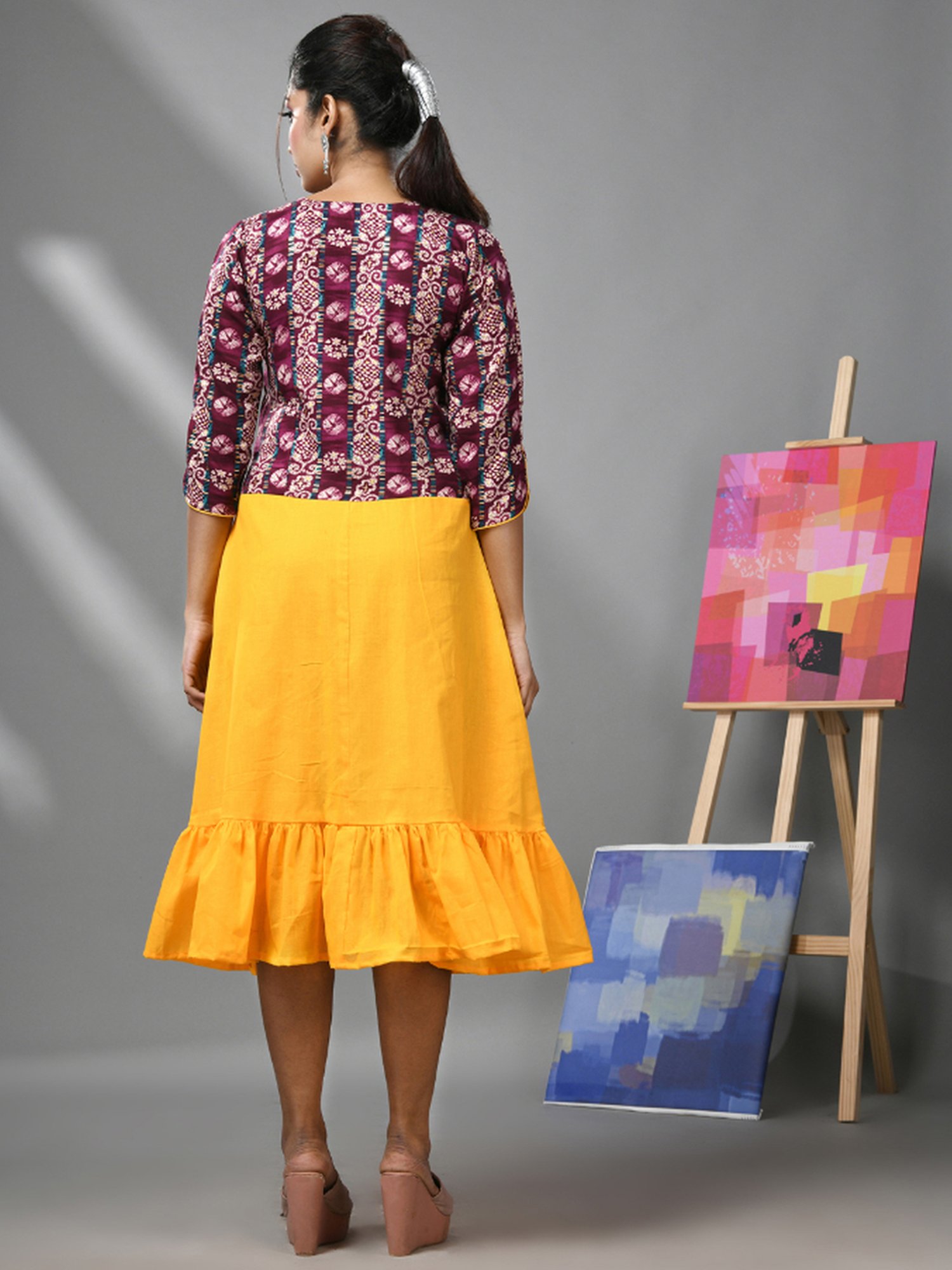 CHARUKRITI Yellow Cotton Printed A-Line Dress With Jacket