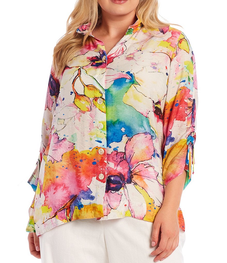 John Mark Plus Size Allover Floral Print Wire Point Collar Neck 3/4 Drawstring Sleeve Button Down Blouse