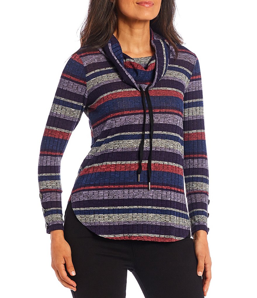 I.N. Studio Petite Size Stripe Print Drawstring Cowl Neck Long Sleeve Knit Top