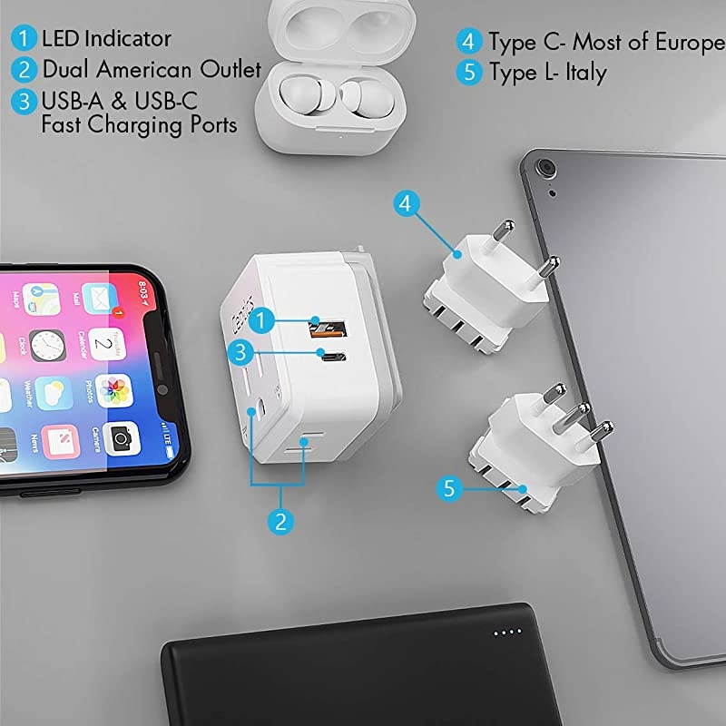 Chile Rome Power Plug Adapter Travel Set Ceptics Safe Dual USB amp UsbC 31A 2 Usa Socket Compact amp Powerful Use In Lybia Tunisia Uruguay Includes Type C Type L Swadapt Attachments
