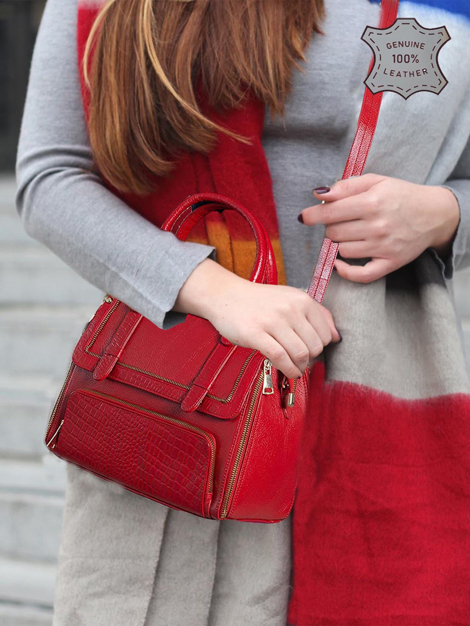 HiLEDER Red Solid Medium Satchel Handbag