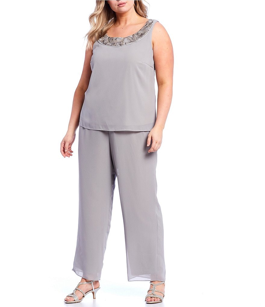 Le Bos Plus Size Scoop Neck 3/4 Sleeve 3-Piece Embroidered Sequin Trim Pant Set