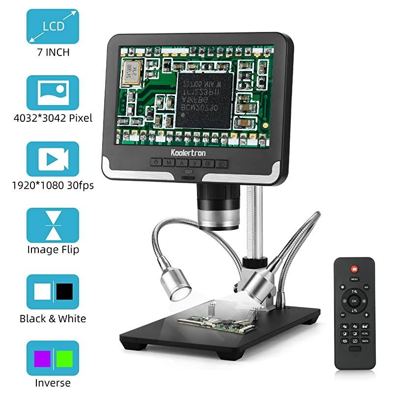 7 inch LCD Digital USB Microscope Angle Adjustable with Remote Control, 12MP 1920x1080 30fps Video Recorder Image Flip/Reverse Color/Black & White for Circuit Board Repair Soldering PCB Coin