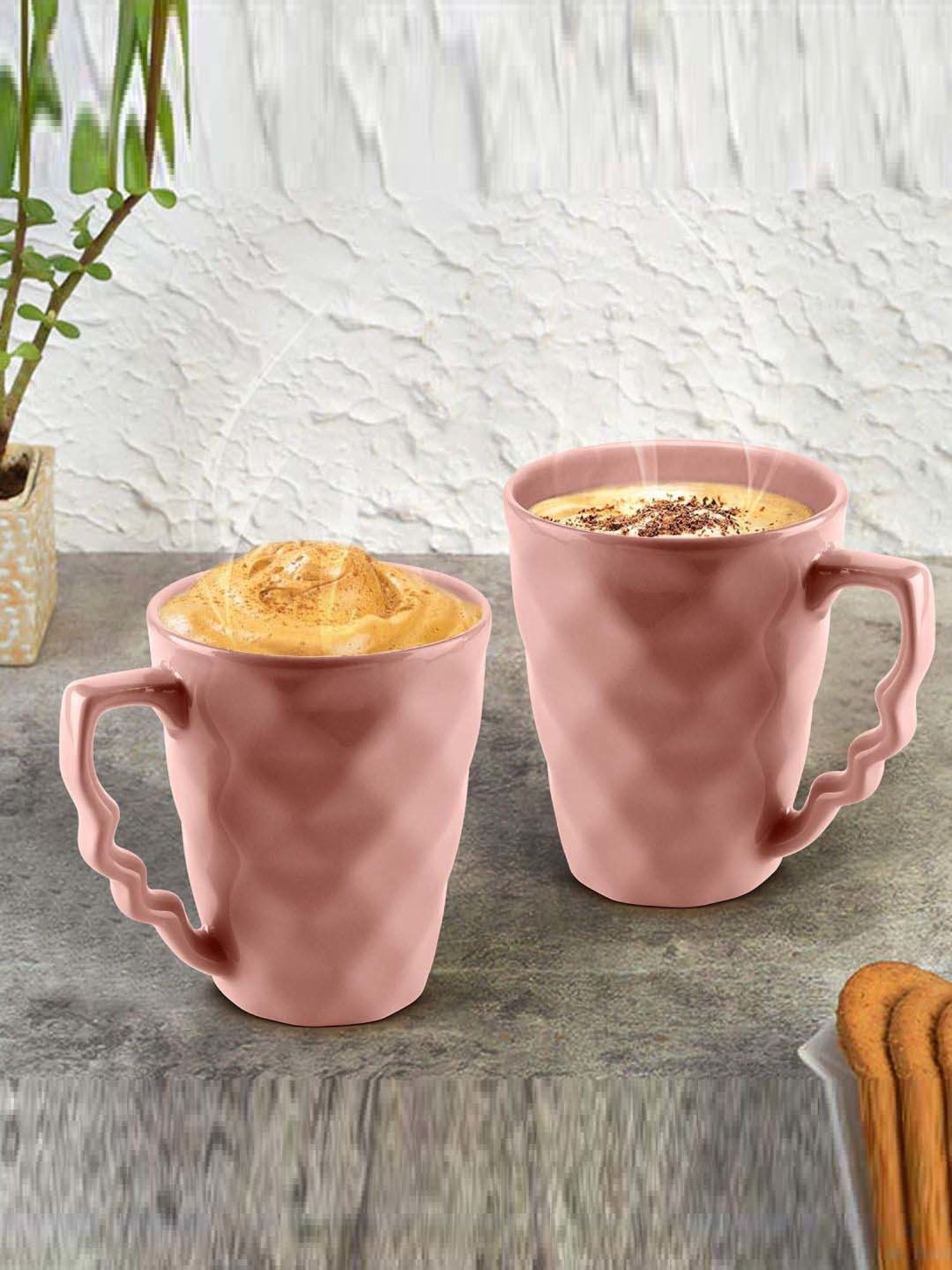 Urban Chef Pink Ceramic Prism Microwave Safe Coffee Mug With Handle (0.225 L) - Set of 2
