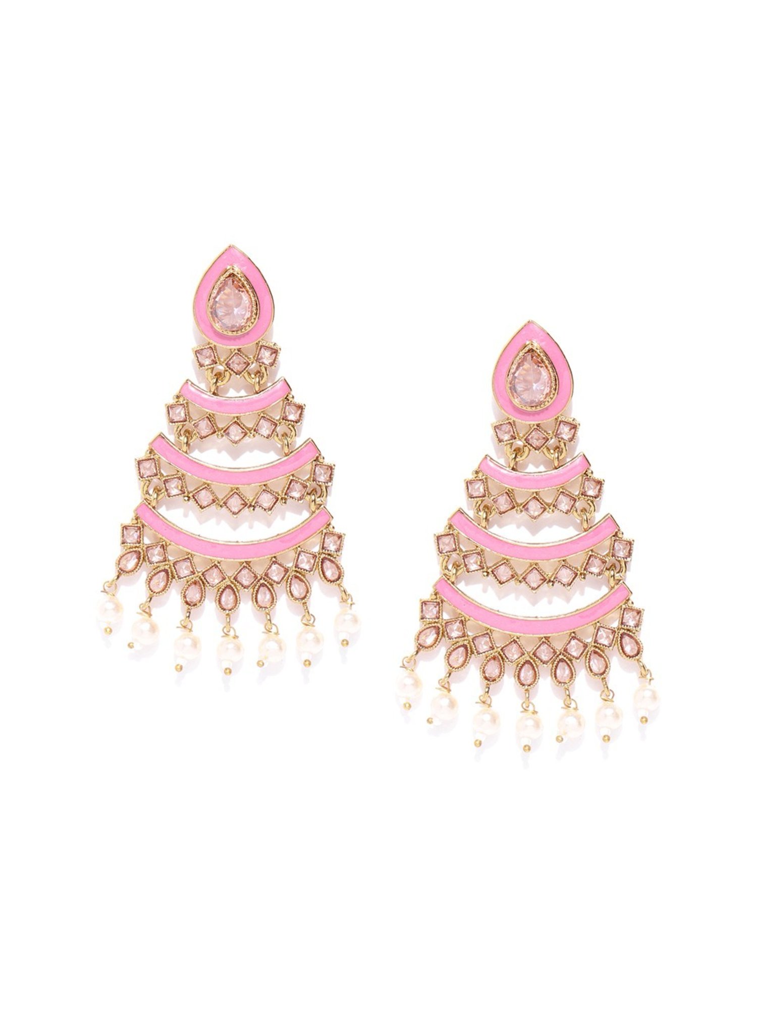 Priyaasi Gold-Plated Stones Studded Meenakari with Tasselled Pearls Chains Dangler Earrings