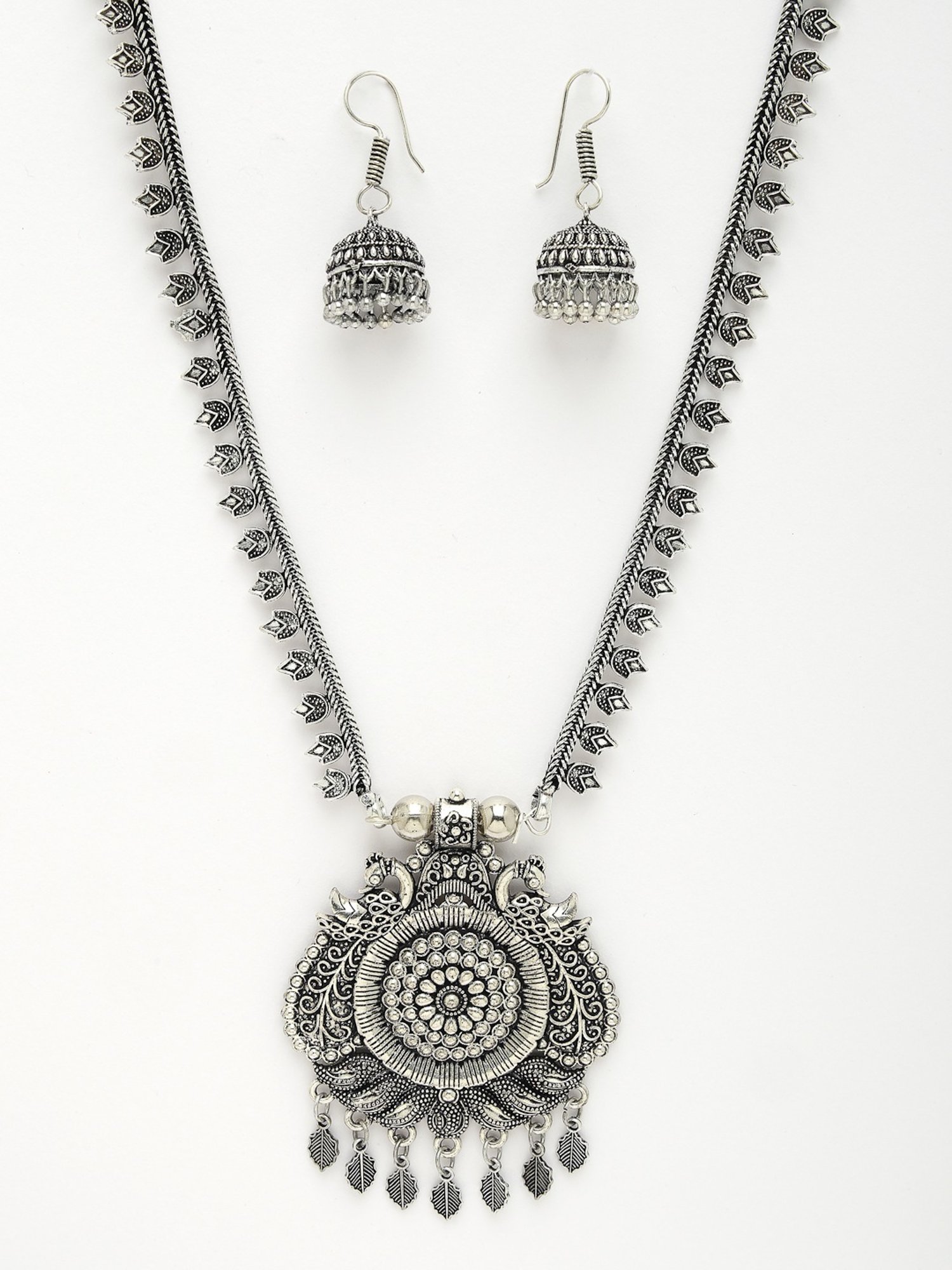 NVR Women Silver-Toned Peacock Design Oxidized Necklace with Jhumki Earrings