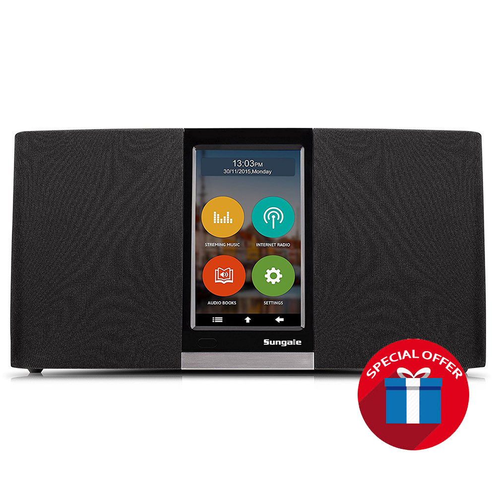 Wi-Fi, Internet, IP Radio & Music Player, touchscreen operating, streaming music, internet radio, audio book, 2x3W Stereo Speakers + 5W Subwoofer, Up to 18K radio stations over the world.