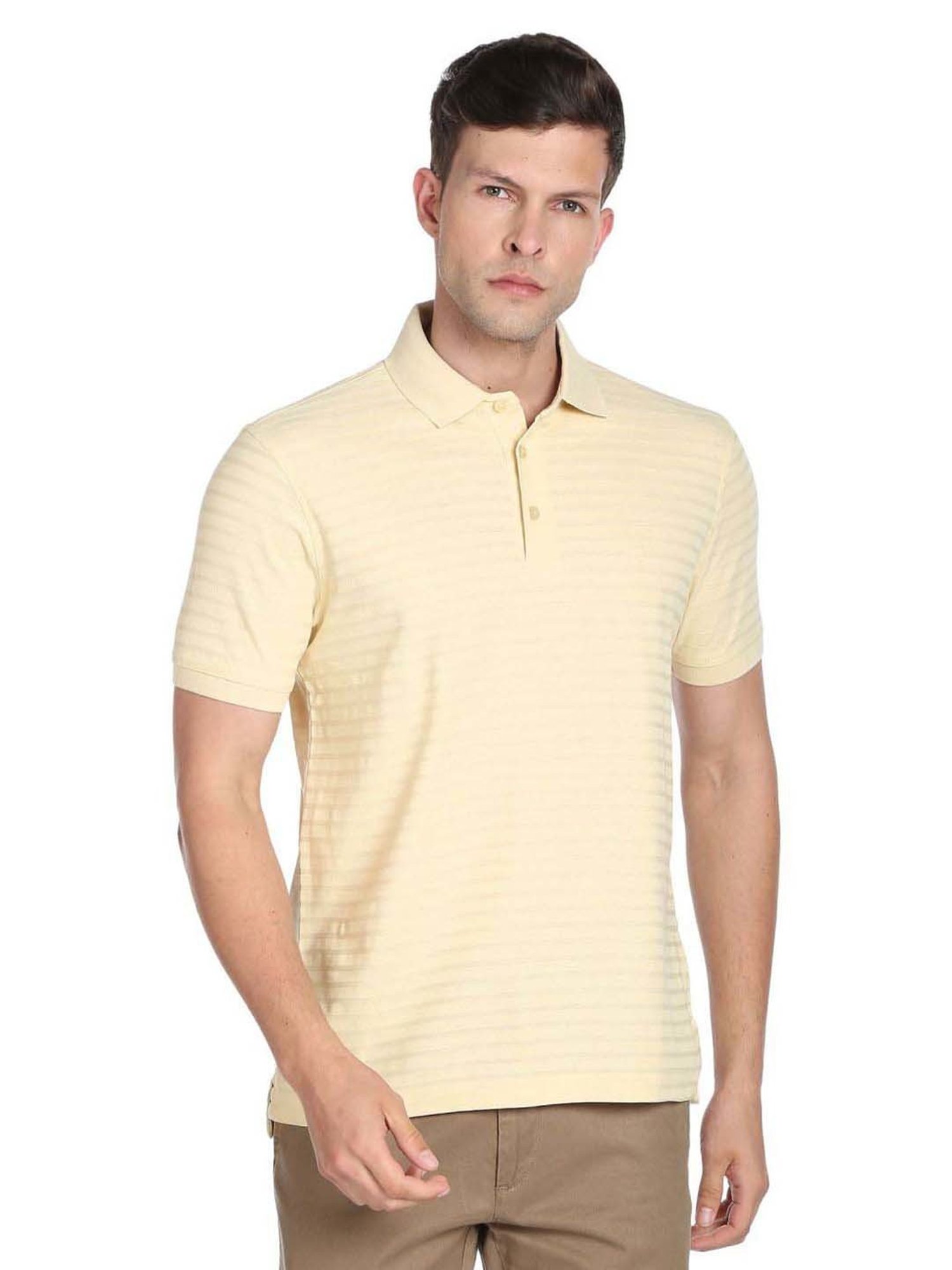 Arrow Beige Cotton Regular Fit Striped Polo T-Shirt