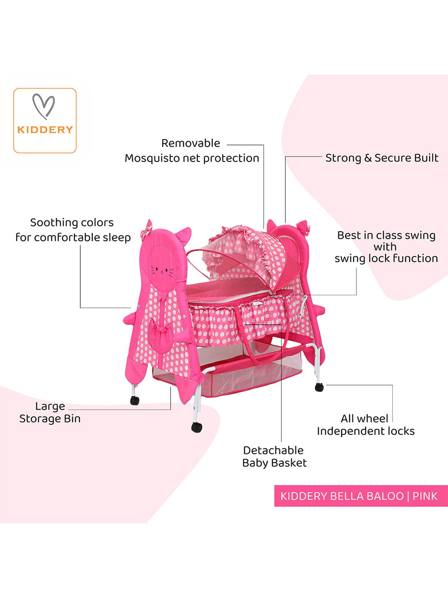 Kiddery Pink Baby Bassinet with Mosquito Protection Net (Age 0-8 Months)