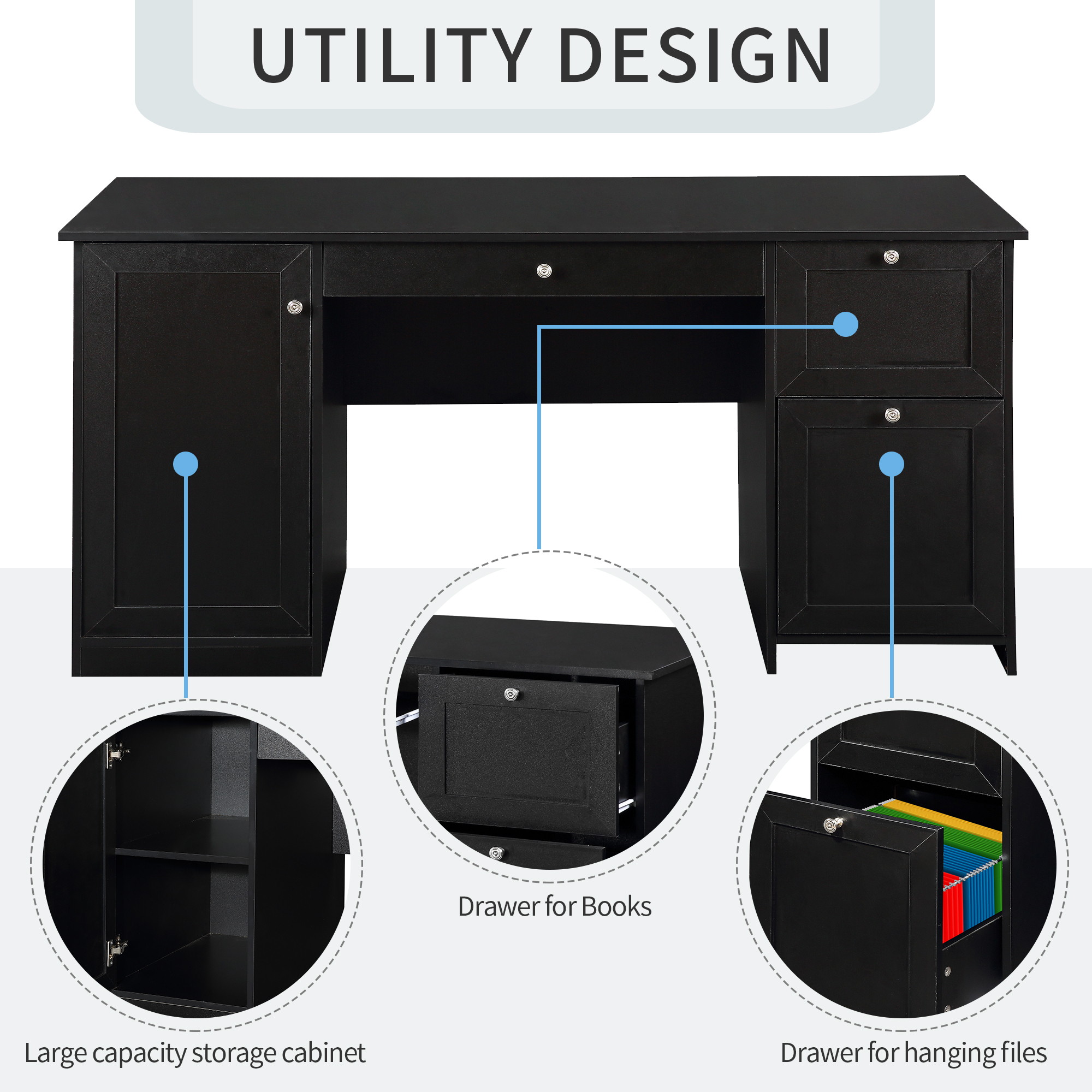 Home Office Computer Desk Gaming Desk Executive Desk with 2 Drawers,Pullout Keyboard and Storage Cabinet