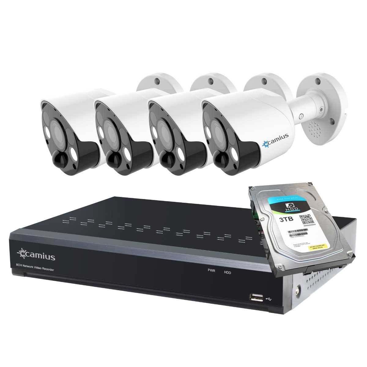Camius 4 8MP Wired PoE Spotlight Security Camera Bullets with a 4K 8 Channel NVR, 3TB Hard Drive, 3840 x 2160, 2-Way Audio (built-in microphone, Speaker), Siren, Color Night Vision - 8P4S83TS