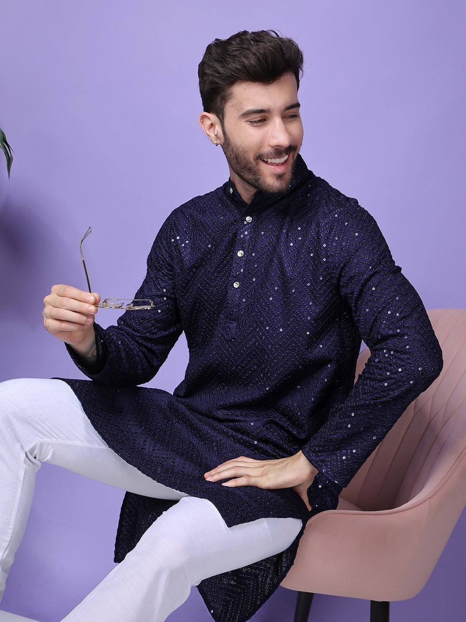 Hangup Navy Blue & White Regular Fit Embellished Kurta Bottom Set