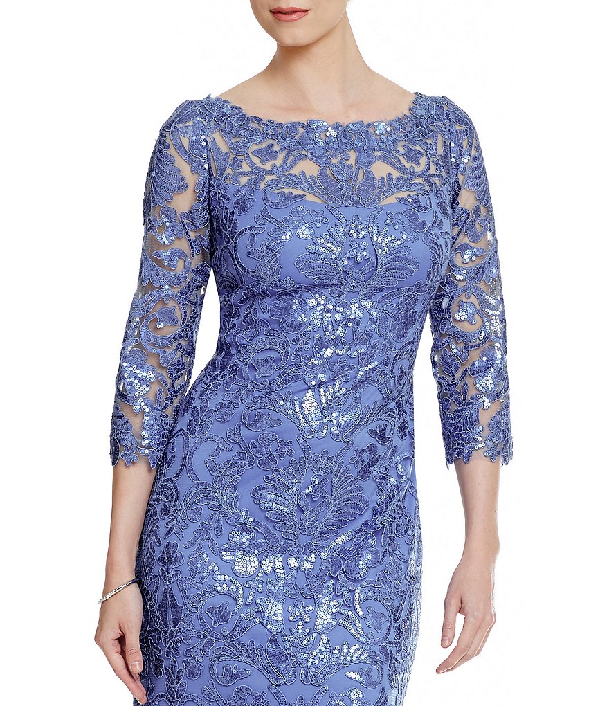 Tadashi Shoji Illusion Sleeve Boat Neck Sequin Corded Lace Gown