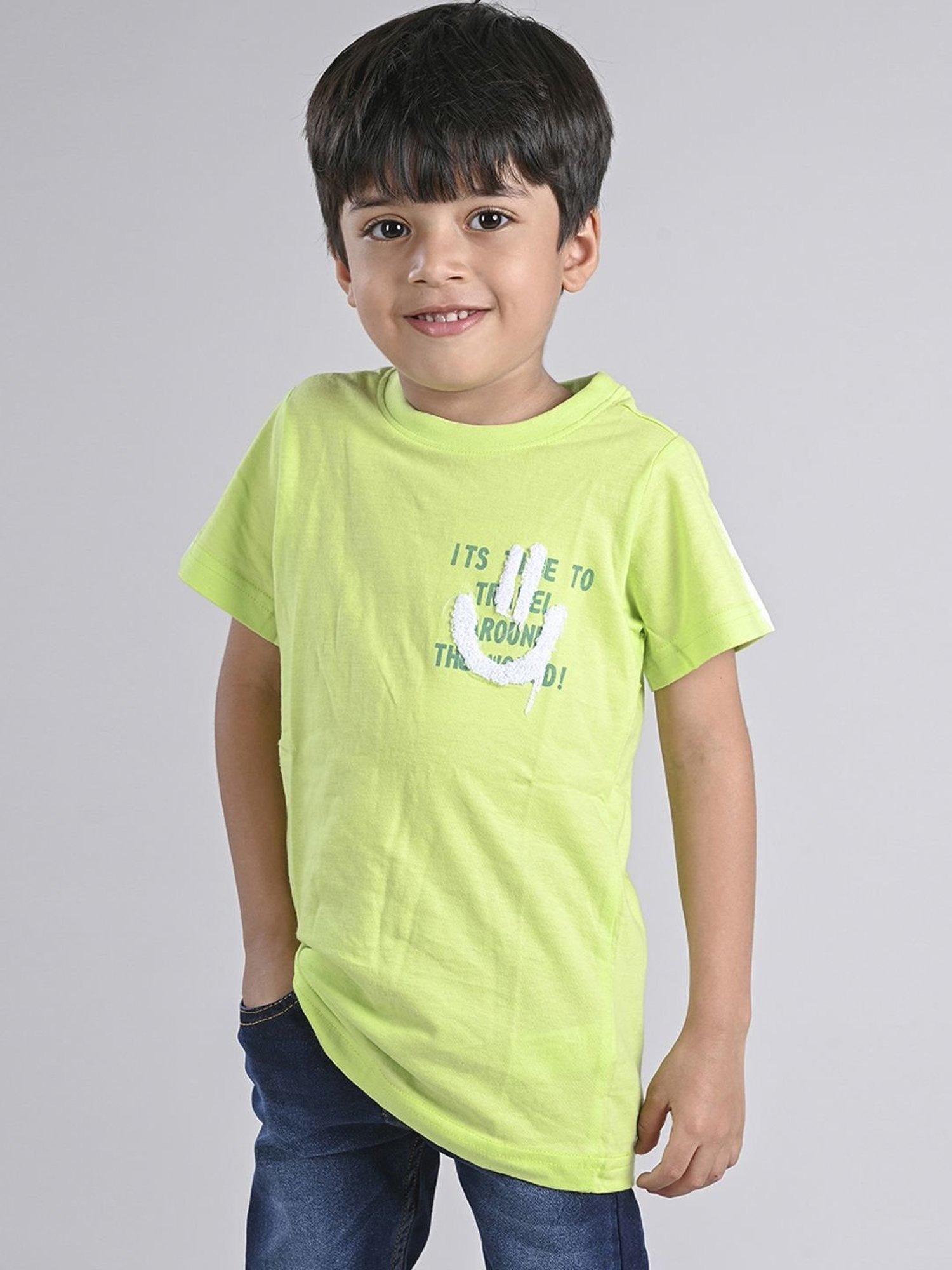 Tales & Stories Kids Neon Green Cotton Embroidered T-Shirt