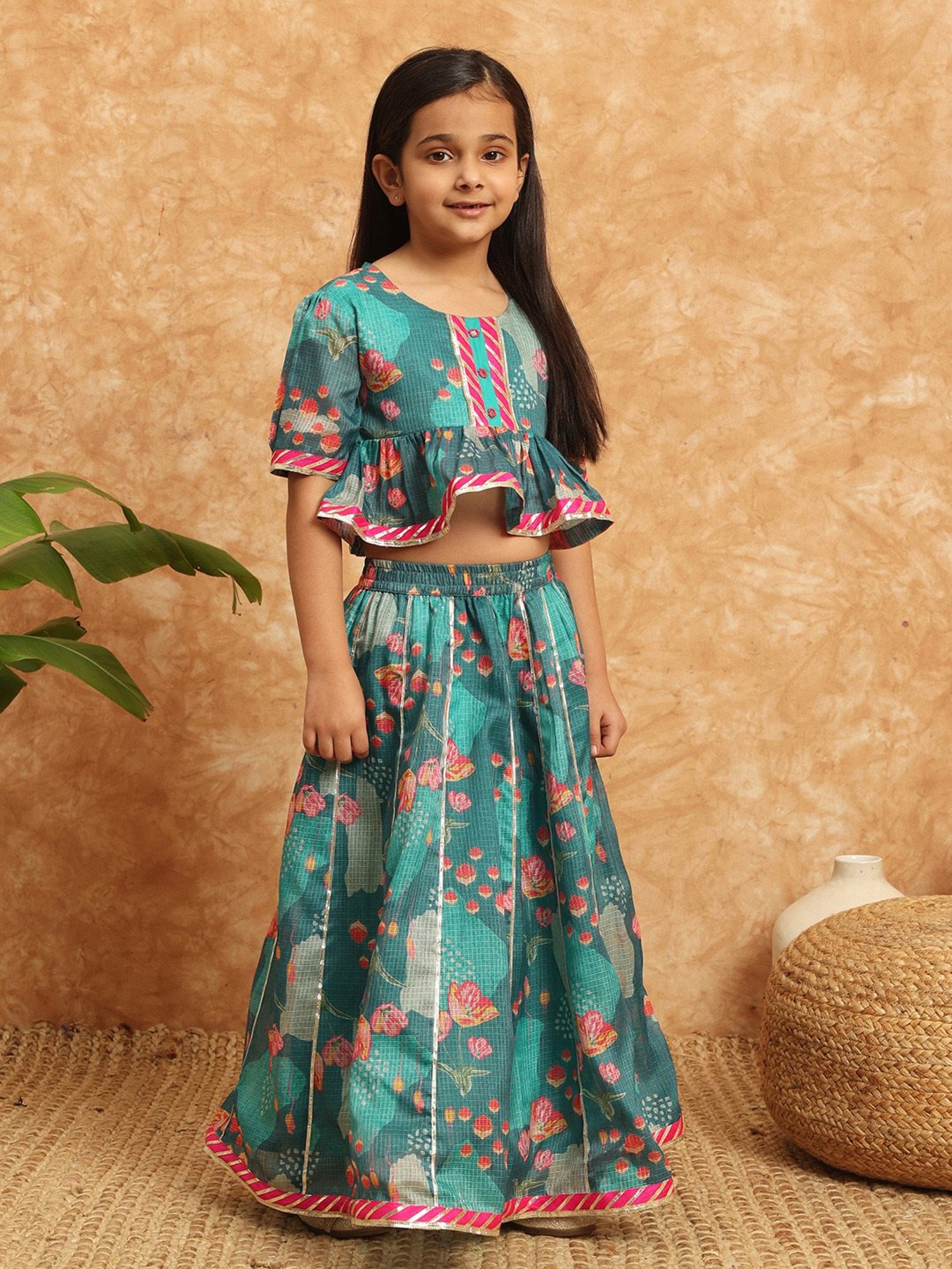 A Little Fable Kids Blue Printed Lehenga with Choli & Dupatta