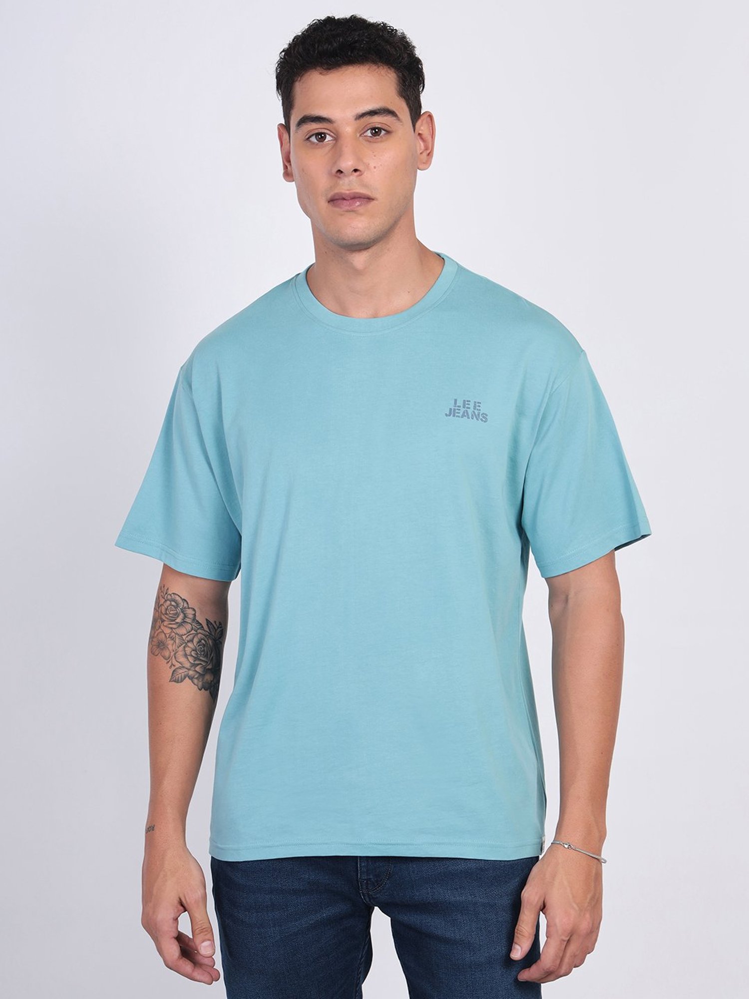 Lee Blue Loose Fit Printed Cotton Oversized Crew T-Shirt