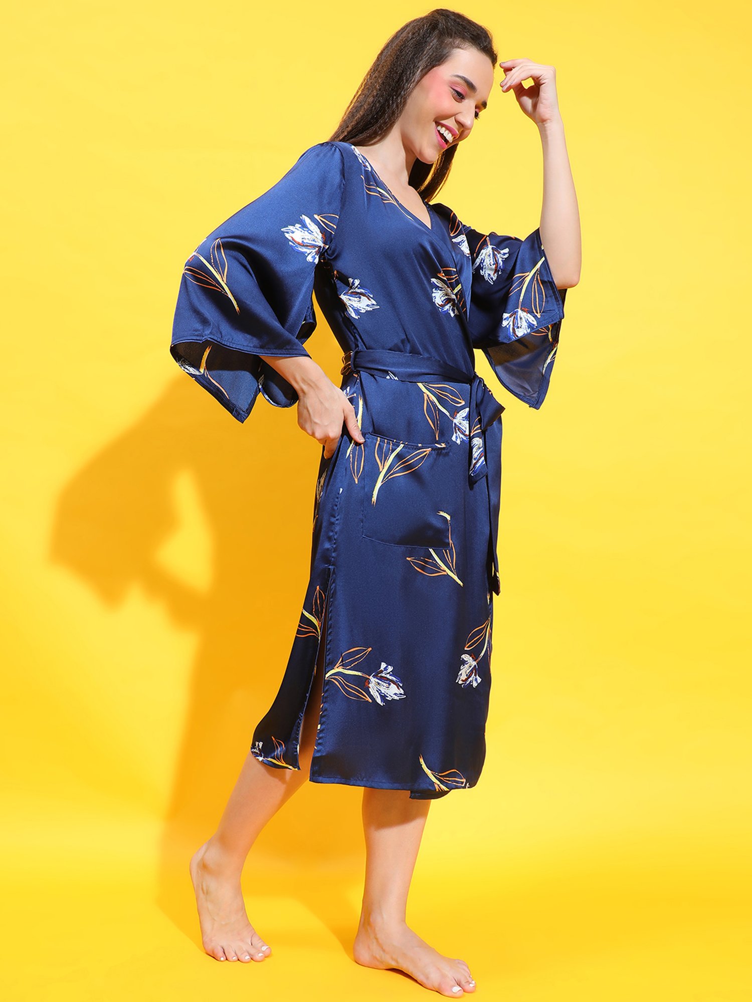 Oxolloxo Navy Satin Printed Night Dress