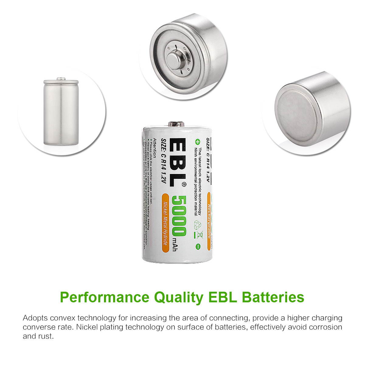 EBL 4 Pack Size C R14 Battery 1.2V 5000mAh Ni-MH Rechargeable Batteries