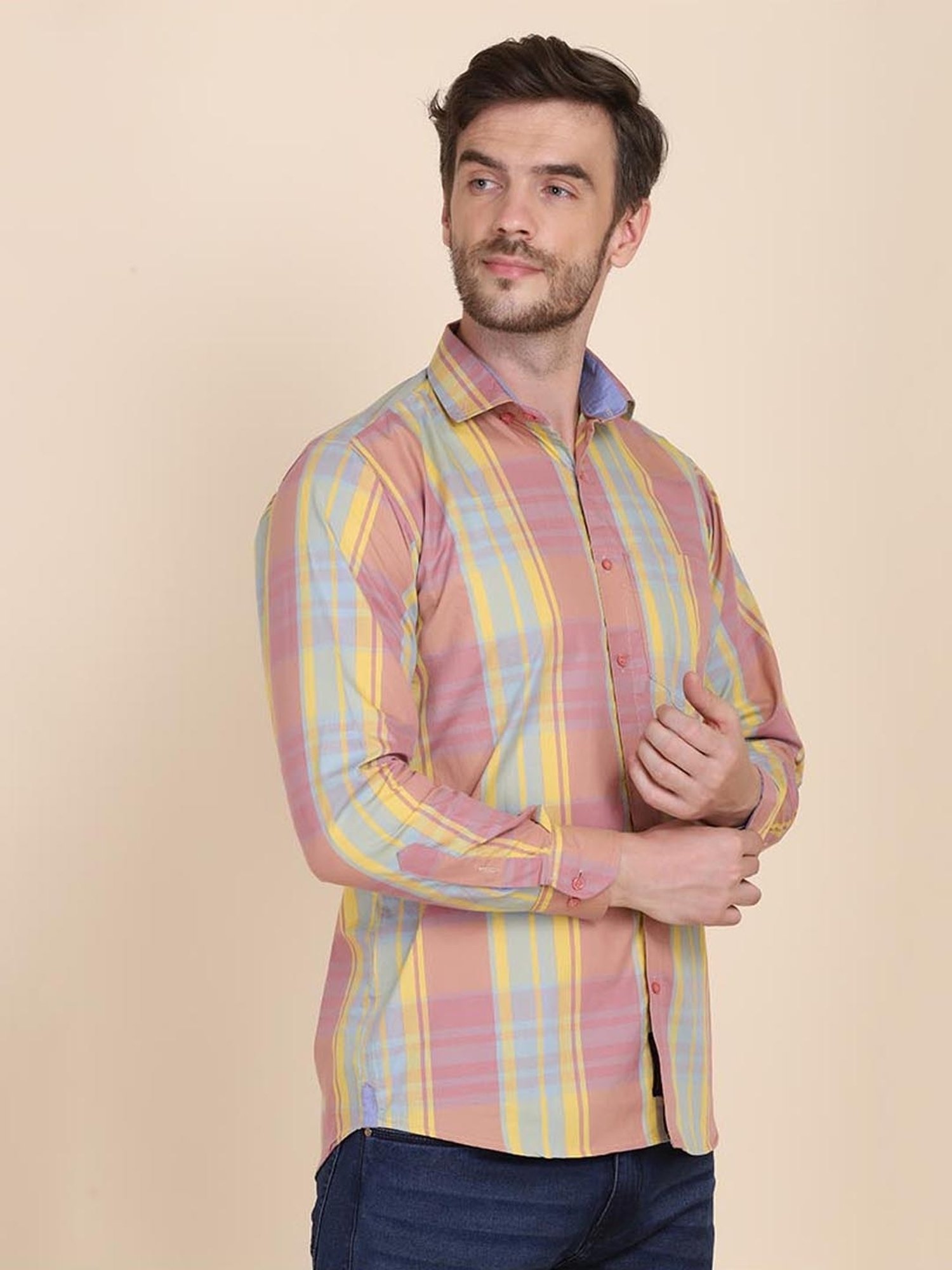 TAHVO Pink & Yellow Cotton Slim Fit Checks Shirt