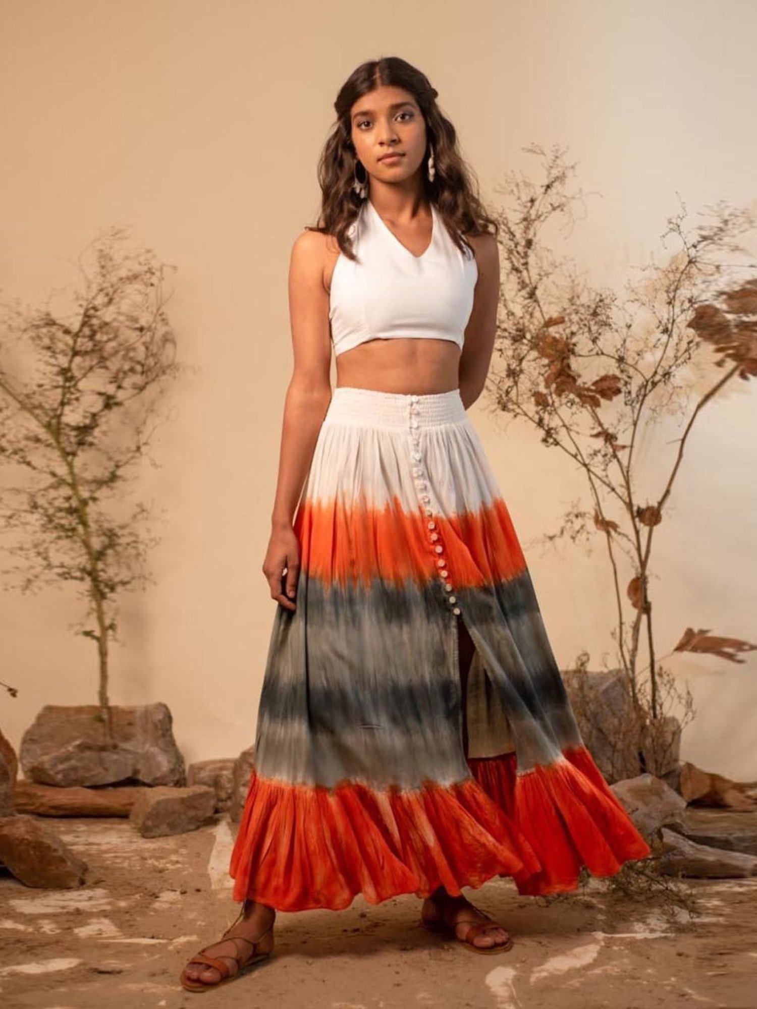 LABEL REYYA White Halter Neck Top And Tie-dye Skirt Co-ord Set (Set Of 2)