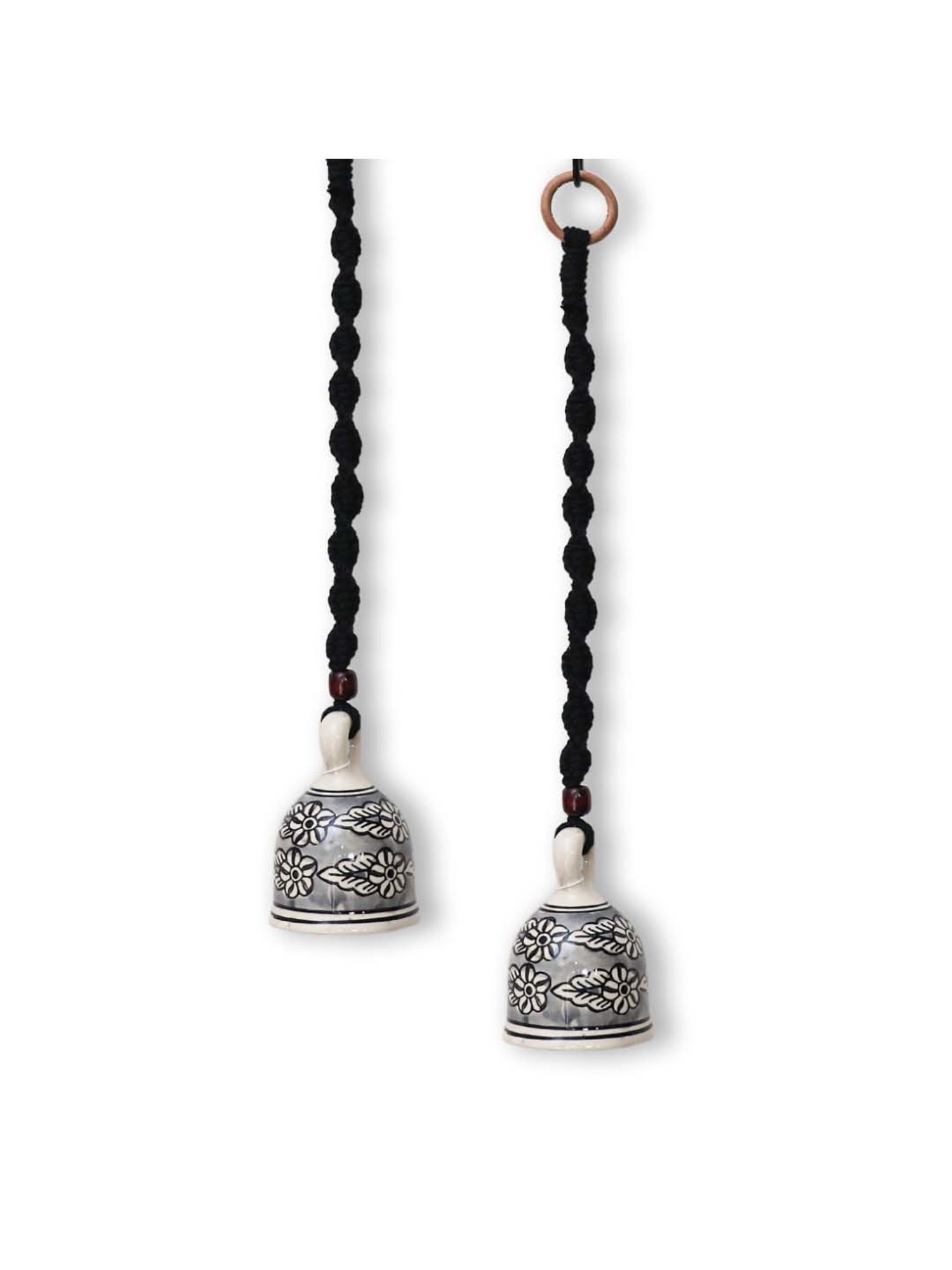 Gathari Black Ceramic Wall Hanging Macrame Bells - Set of 2