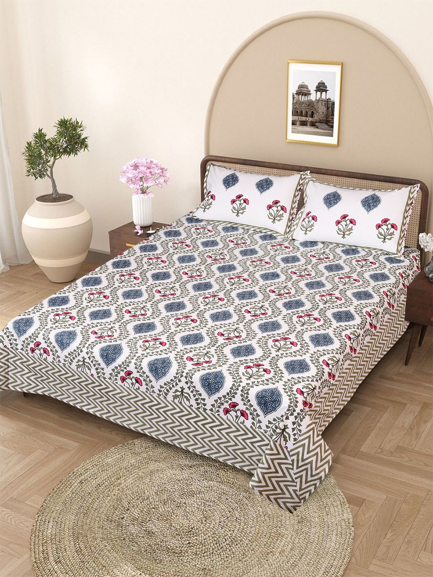 Romee White Cotton Ethnic Bed Sheets