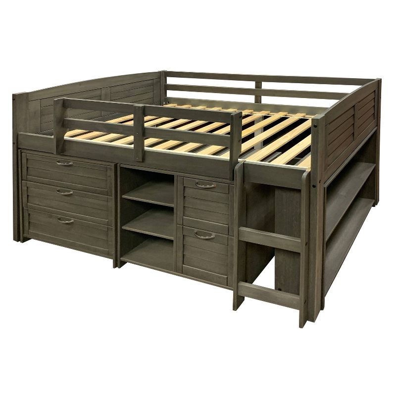 Louver Low Loft Bed with 3+2 Drawer Chest, Shelves and Bookcase Antique Gray - Donco Kids