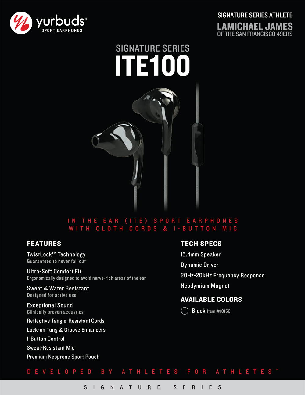 Yurbuds Sport Signature Earphones Earbuds Headphones Mic Remote LaMichael James