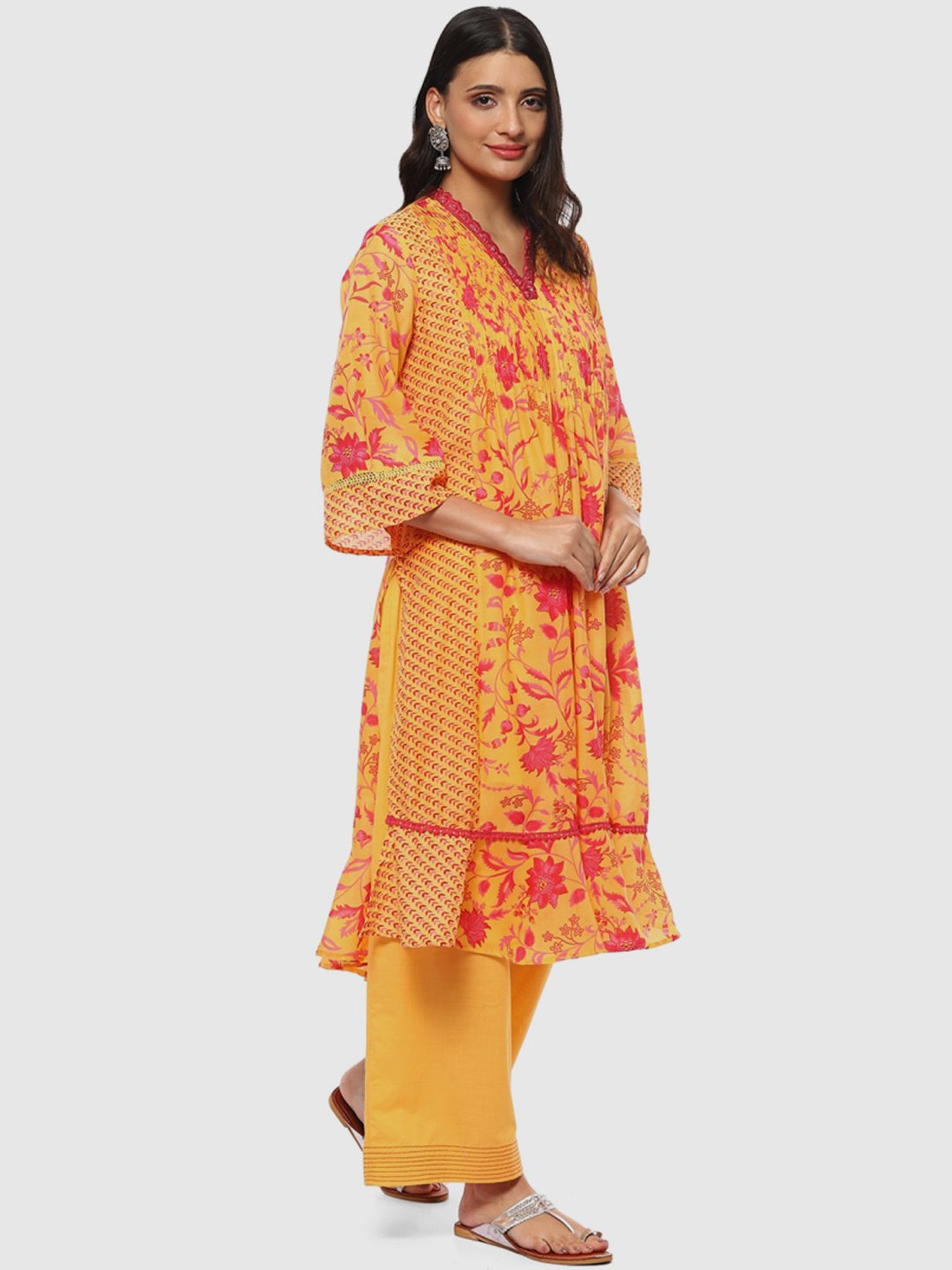 Biba Orange Floral Print Kurta Palazzo Set With Dupatta