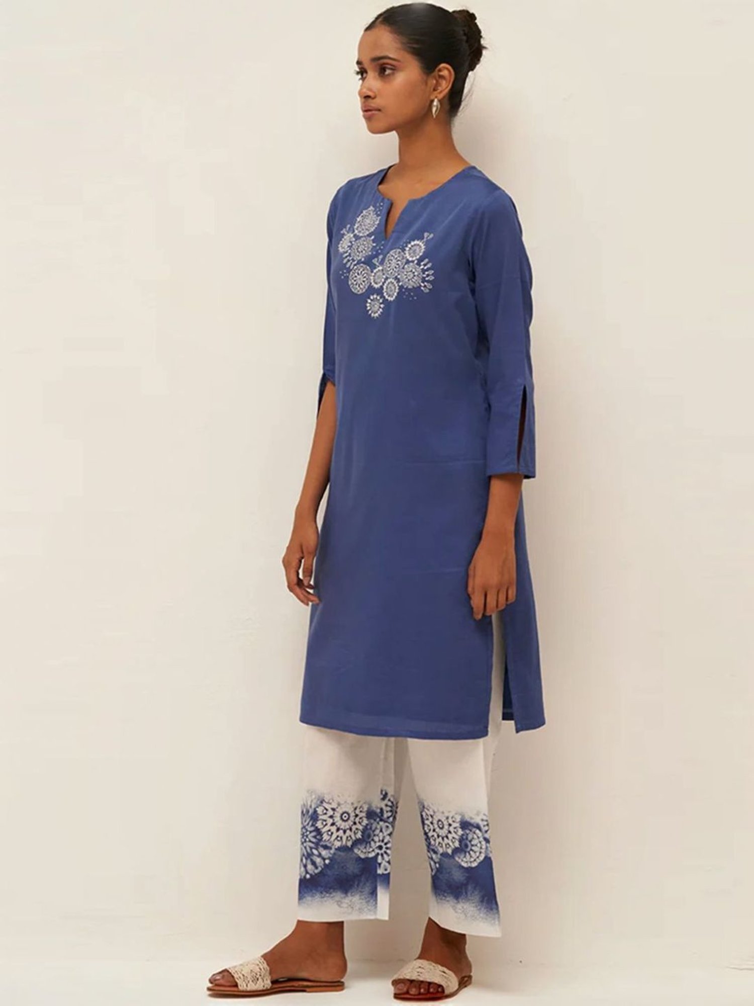 Ganga Fashions Blue & White Dhoop Cotton Kurta with Pant Co-ord Set