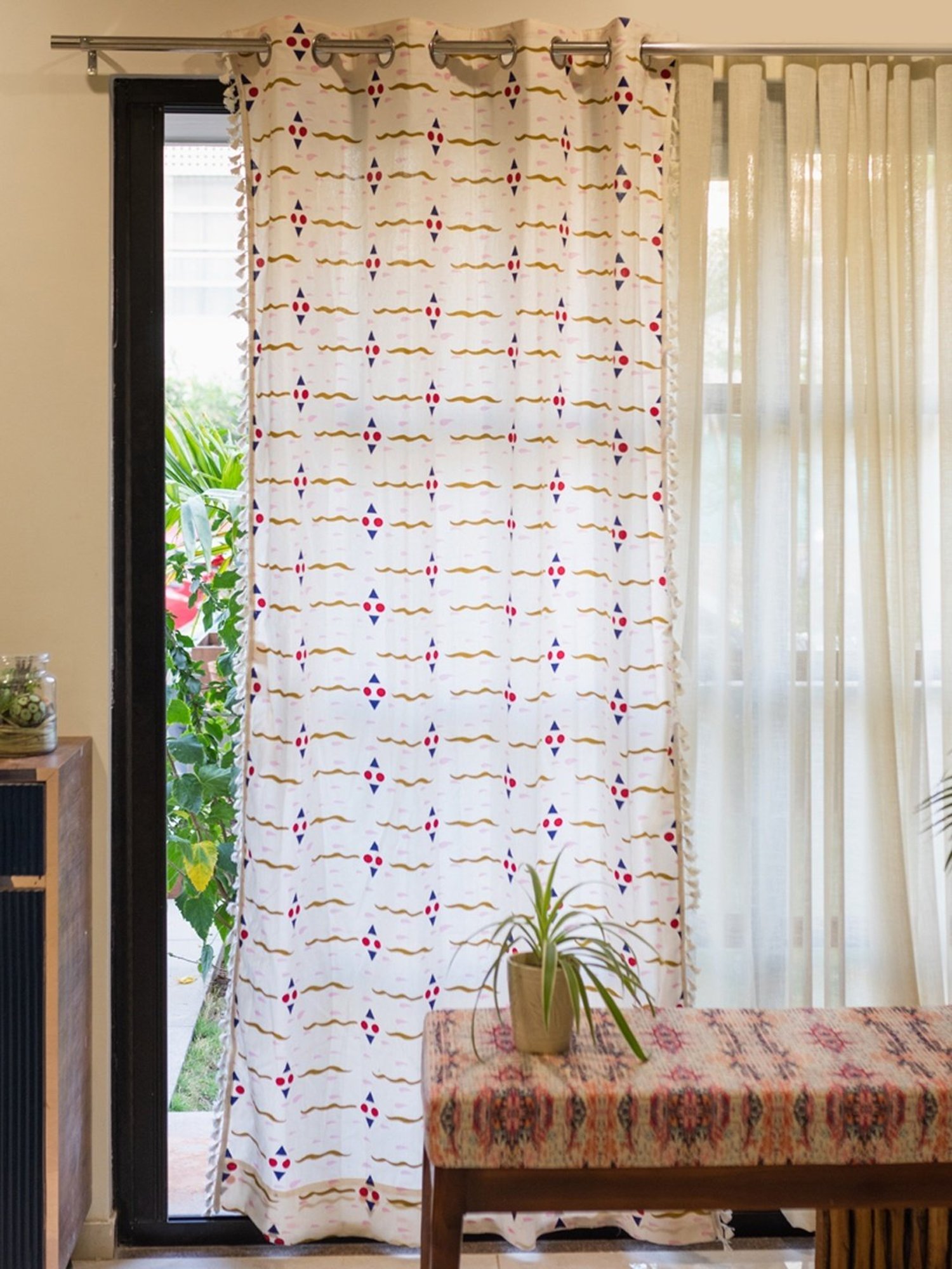 Urban Space Printed Pink & White Cotton 5 ft Boho Window Curtain
