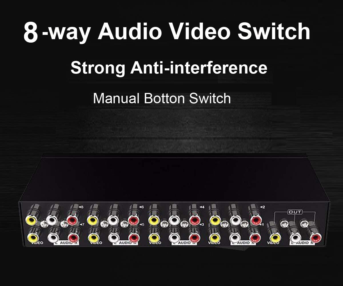 8 Way AV RCA Switch, 8 in 1 Out Composite Video L/R Audio Switcher Selector Box for DVD Player, SNES, N64, PS2/3 Game Consoles