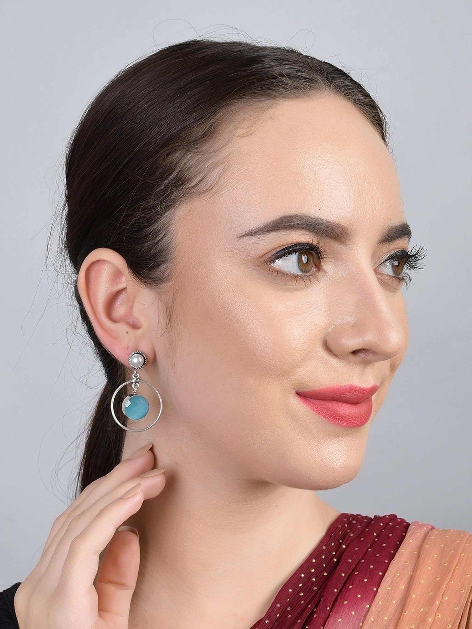 Imli Street Blue-White Silver Tone Stone-Studded Handcrafted Drop Earrings