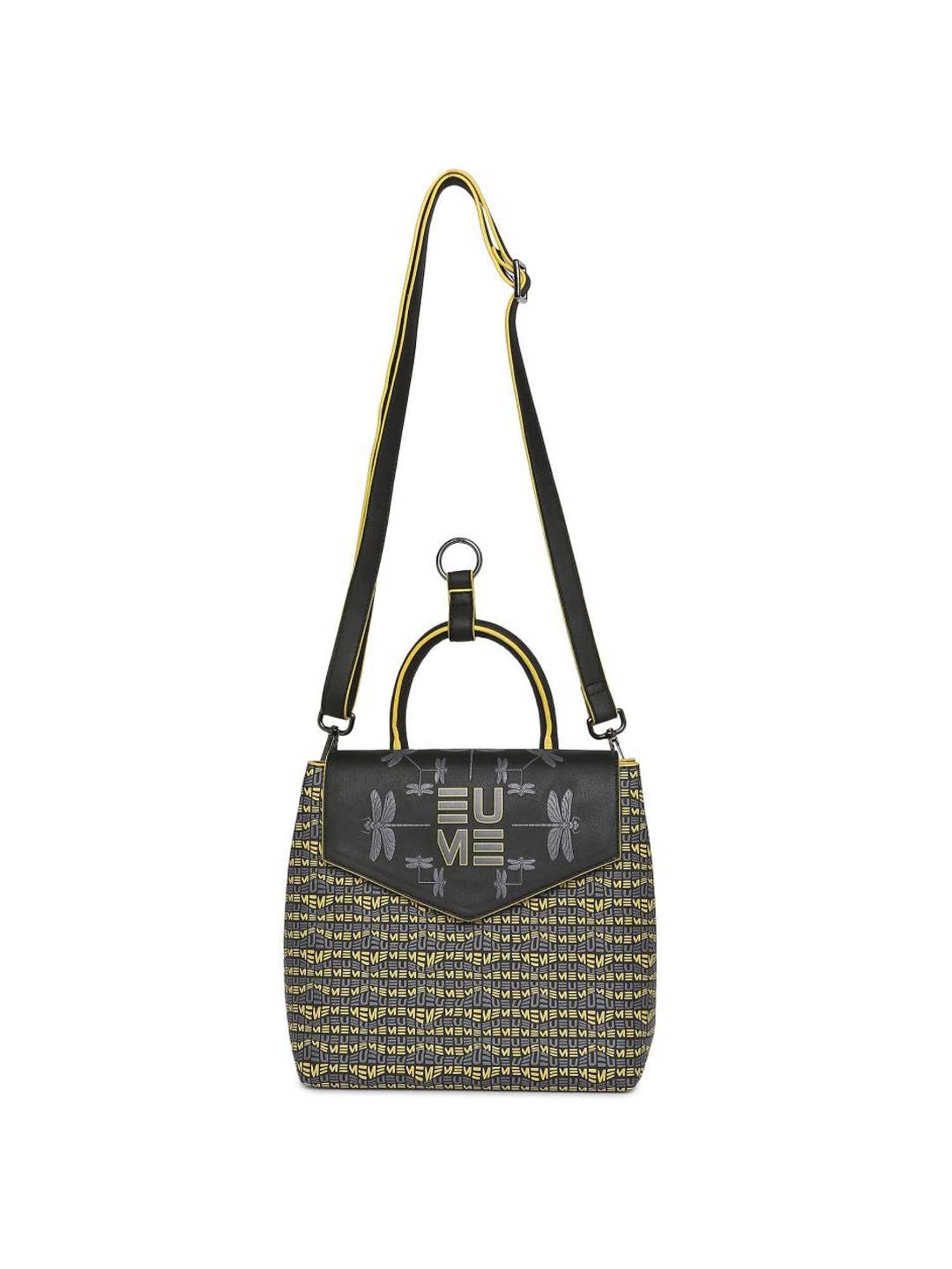 Eume Dragonfly Black Leather Printed Convertible Backpack