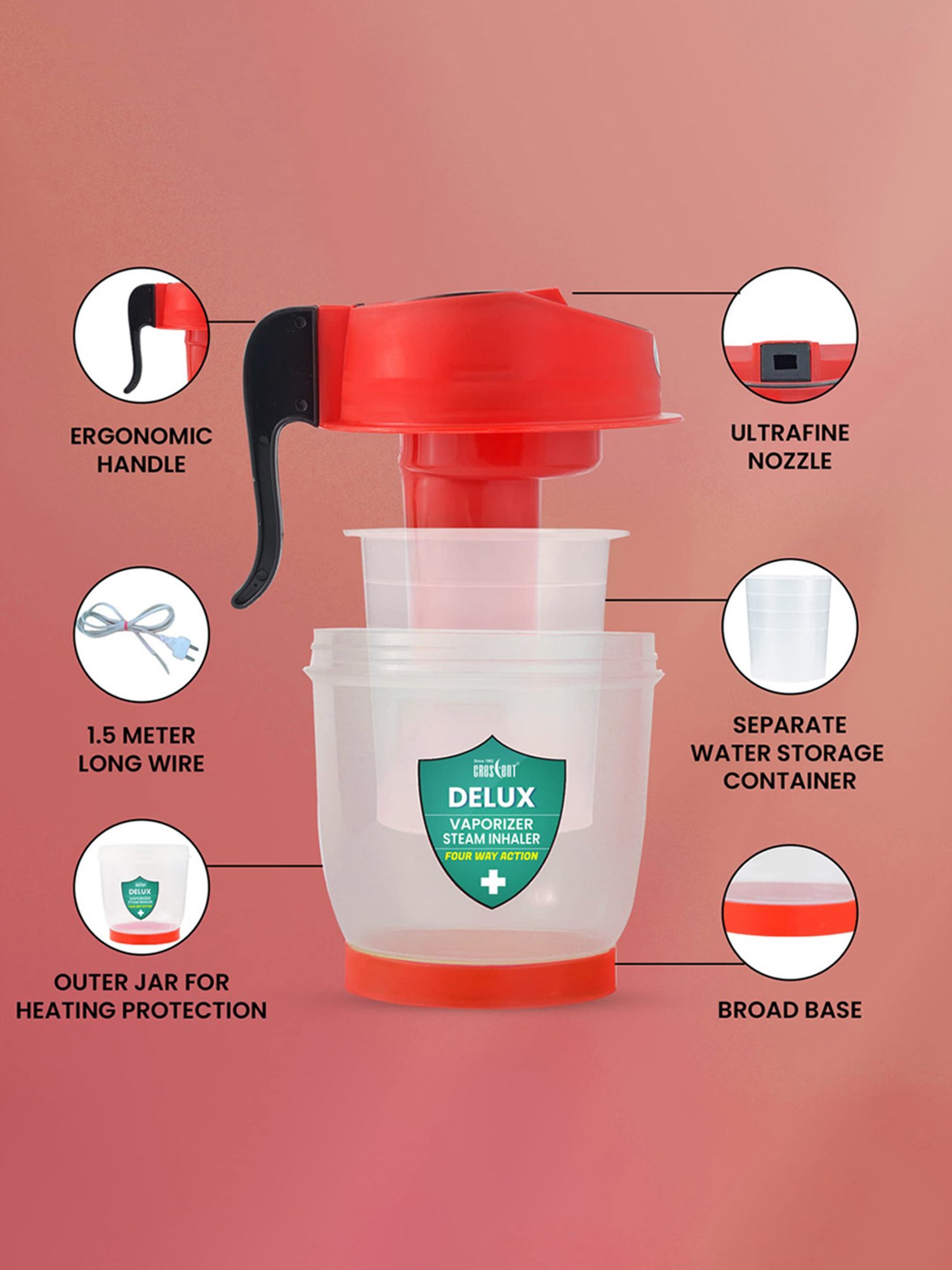 Crescent Delux Facial Steamer Vaporizer for Cold & Cough, Separate Water Container (Red)