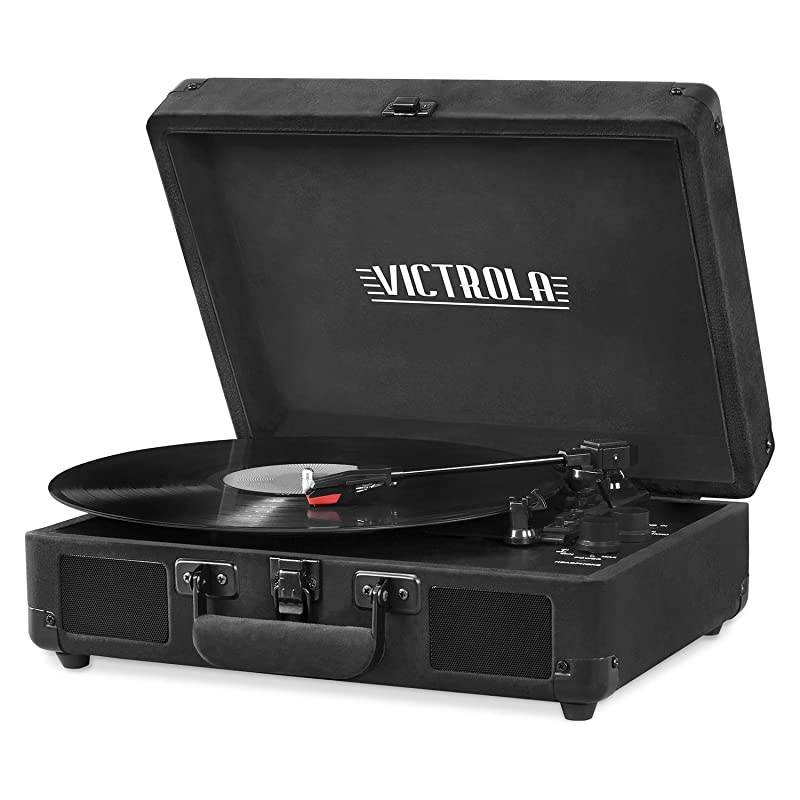 Vintage 3-Speed Bluetooth Portable Suitcase Record Player with Built-in Speakers | Upgraded Turntable Audio Sound| Includes Extra Stylus | Black Velvet (VSC-550BT-BKV)