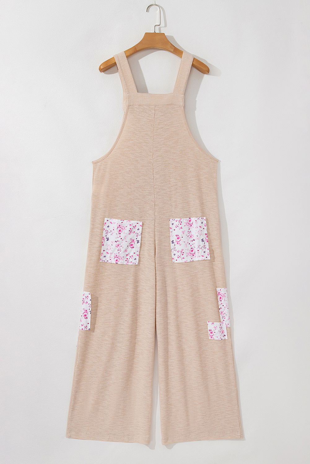 Jet Stream Floral Patchwork Ribbed Side Pockets Wide Leg Overall