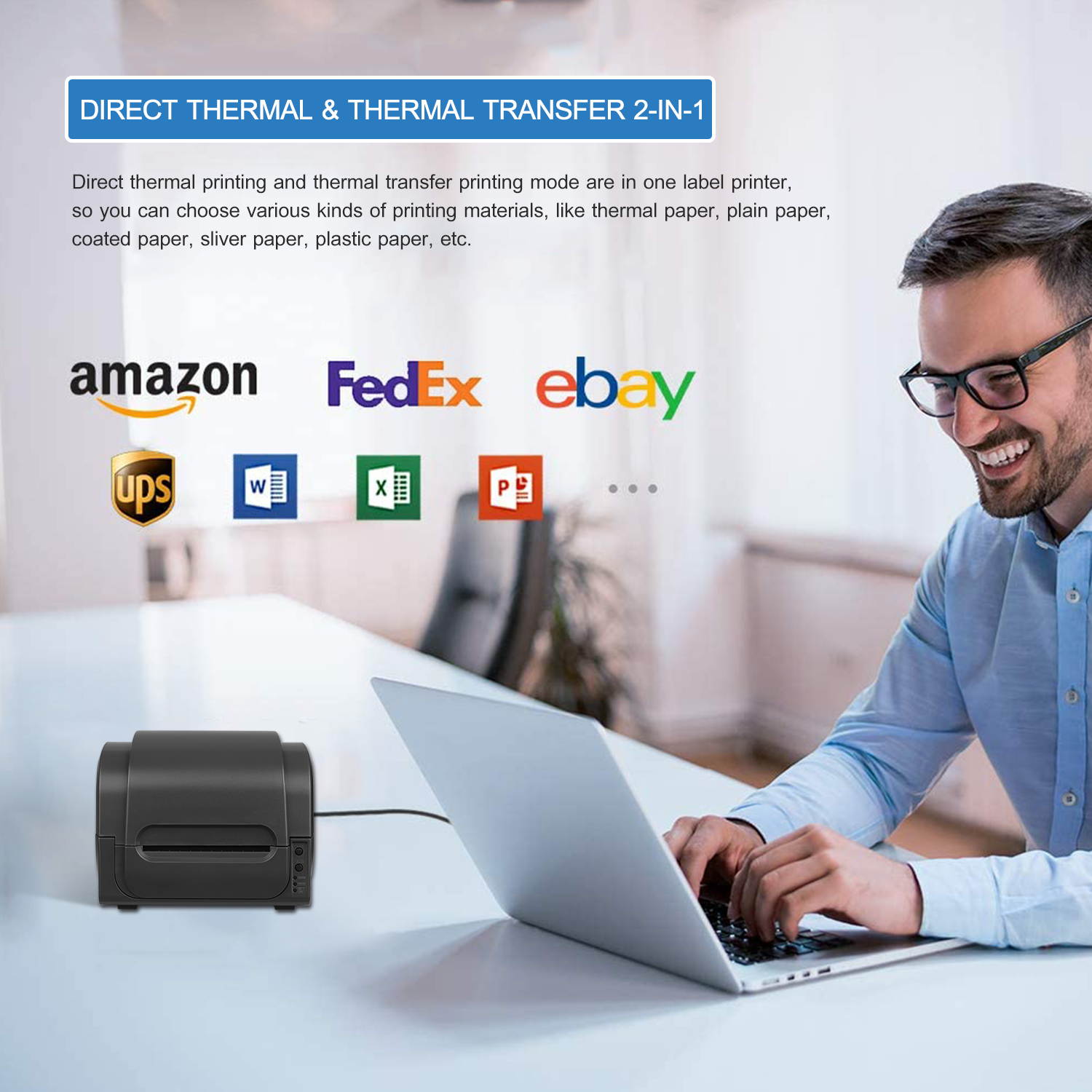 Desktop Label Printer Direct Thermal & Thermal Transfer 2-In-1 High Speed Printer 4in Width for Labeling Mailing Barcodes Tags and Wrist Bands USB Serial and Parallel Port Connectivity