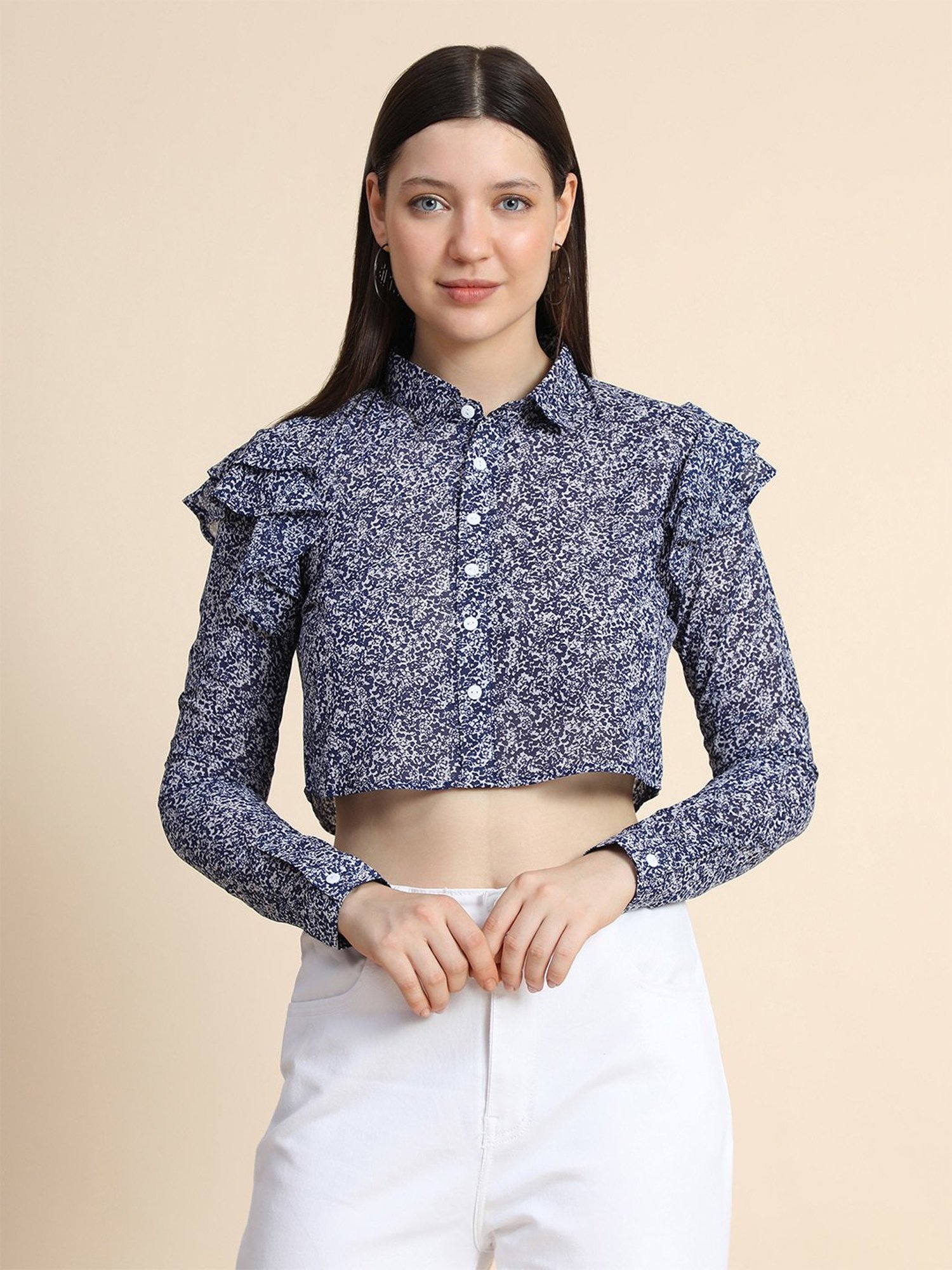 KERI PERRY White & Navy Printed Crop Top