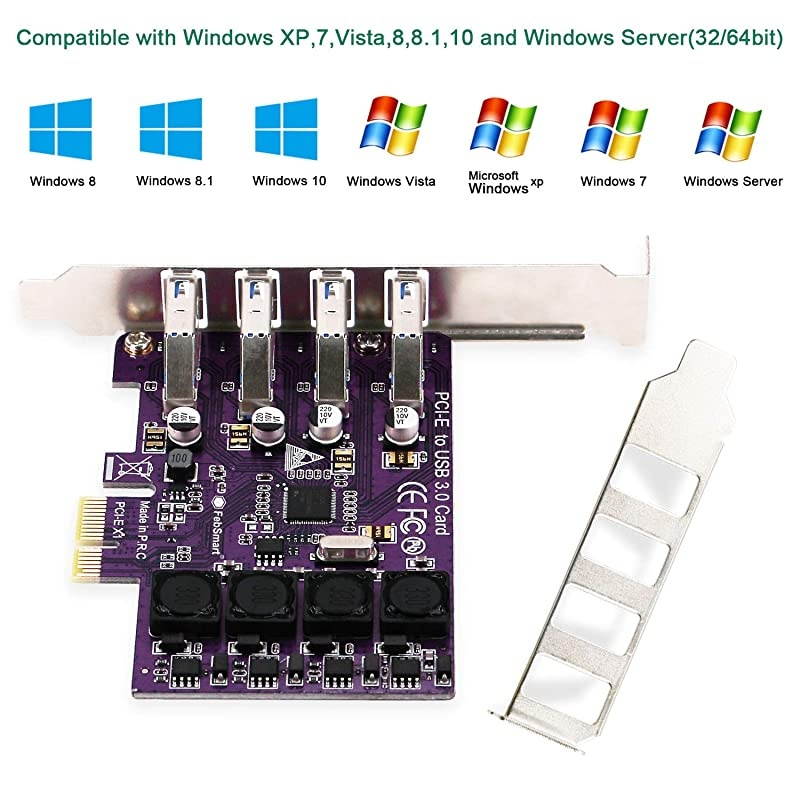 PCI ExpressPCIe 4 Ports USB 30 Expansion Card for Windows XP7Vista88110 Desktop ComputerSuperspeed 5Gbps BanwidthBuild in SelfPowered TechnologyFSU4LPro Purple