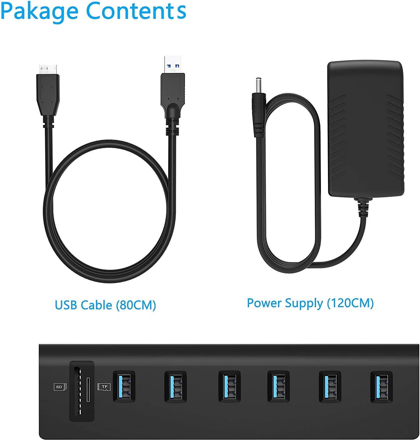 Cateck USB 3.0 Hub, Aluminum Hub with 6 USB 3.0 Ports+SD/TF Card Solts+5V/4A High Capacity Power Supply for Mac, Mac Book Air, Mac Pro,Mac Book Pro, Mac Book, Mac Mini, PCs and Laptops (Black)