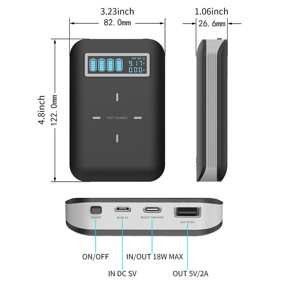 3 In 1 Multifunction Charge Box Charging Station Power Bank All-in-one ,PD 18W Fast Charging ,10W Wireless Charging ,Charger for 18650 Batteries (Battery not Included) Input Output Power Station